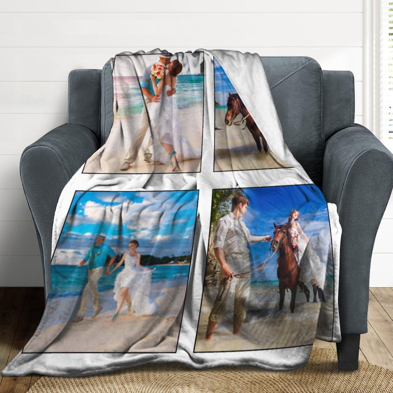 WIORUTI WIORUTI Custom Blanket with Photo Text Personalized Throw Blankets Customized Picture for Mother Father Adult Friends Personalized Gift Flannel Blanket Birthday Christmas, 4 Photos, 31\"x47\"