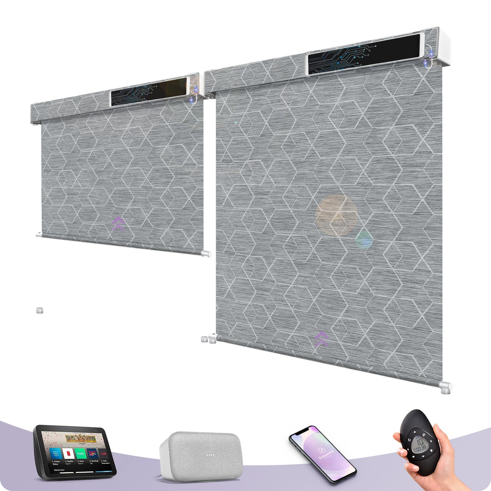 Graywind Graywind Motorized Outdoor Shades for Patio Compatible with Alexa Google Smart Sun Shades Exterior Solar Powered Blinds Electric Roller Shades for Patio Outside, Custom Size (1% Geometry Grey)