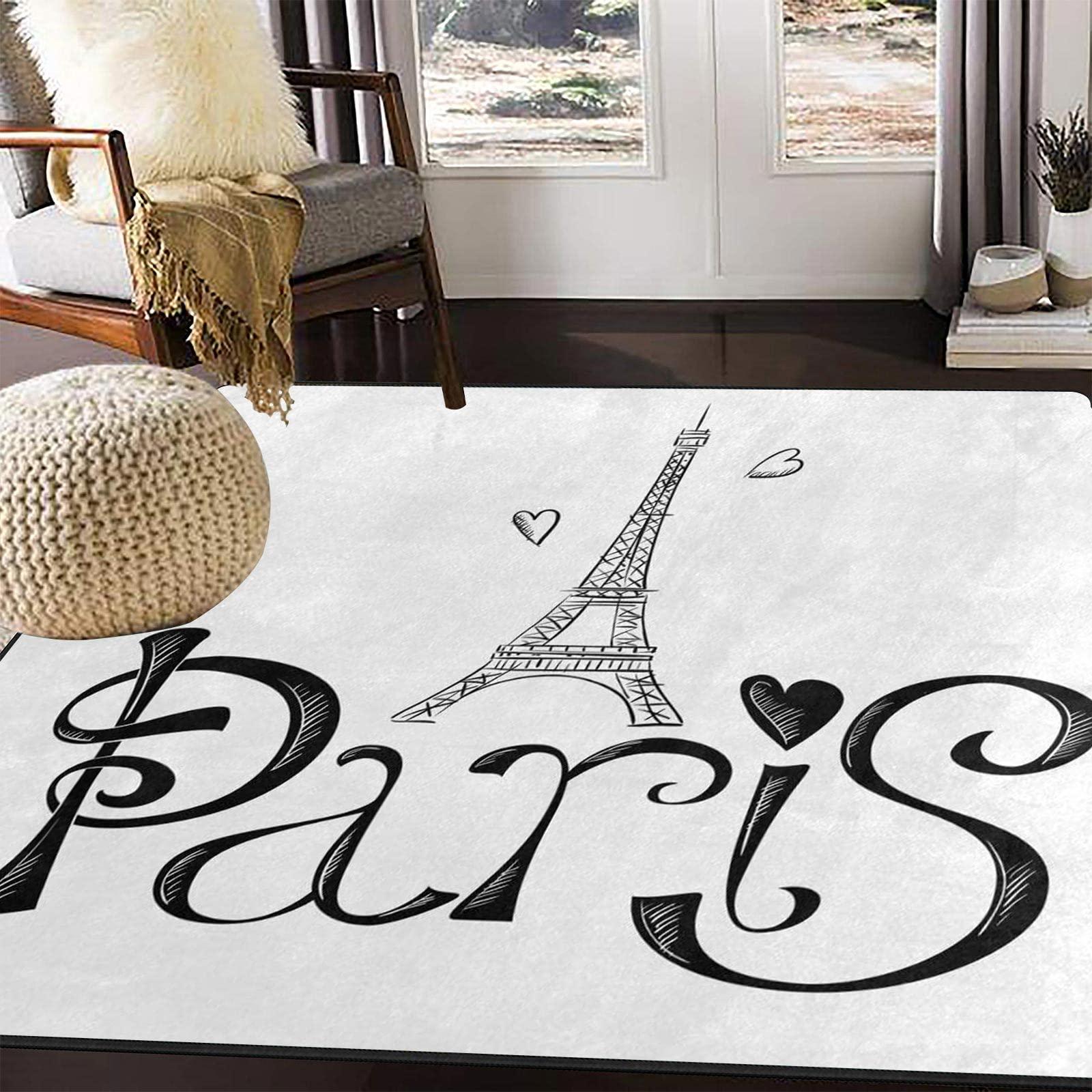 Oueoty Cityscape Paris Eiffel Tower White Area Rug 2x3ft/24x36in/60x90cm,Non Slip Floor Carpet Yoga Mat for Living Dinning Room Bedroom Kitchen