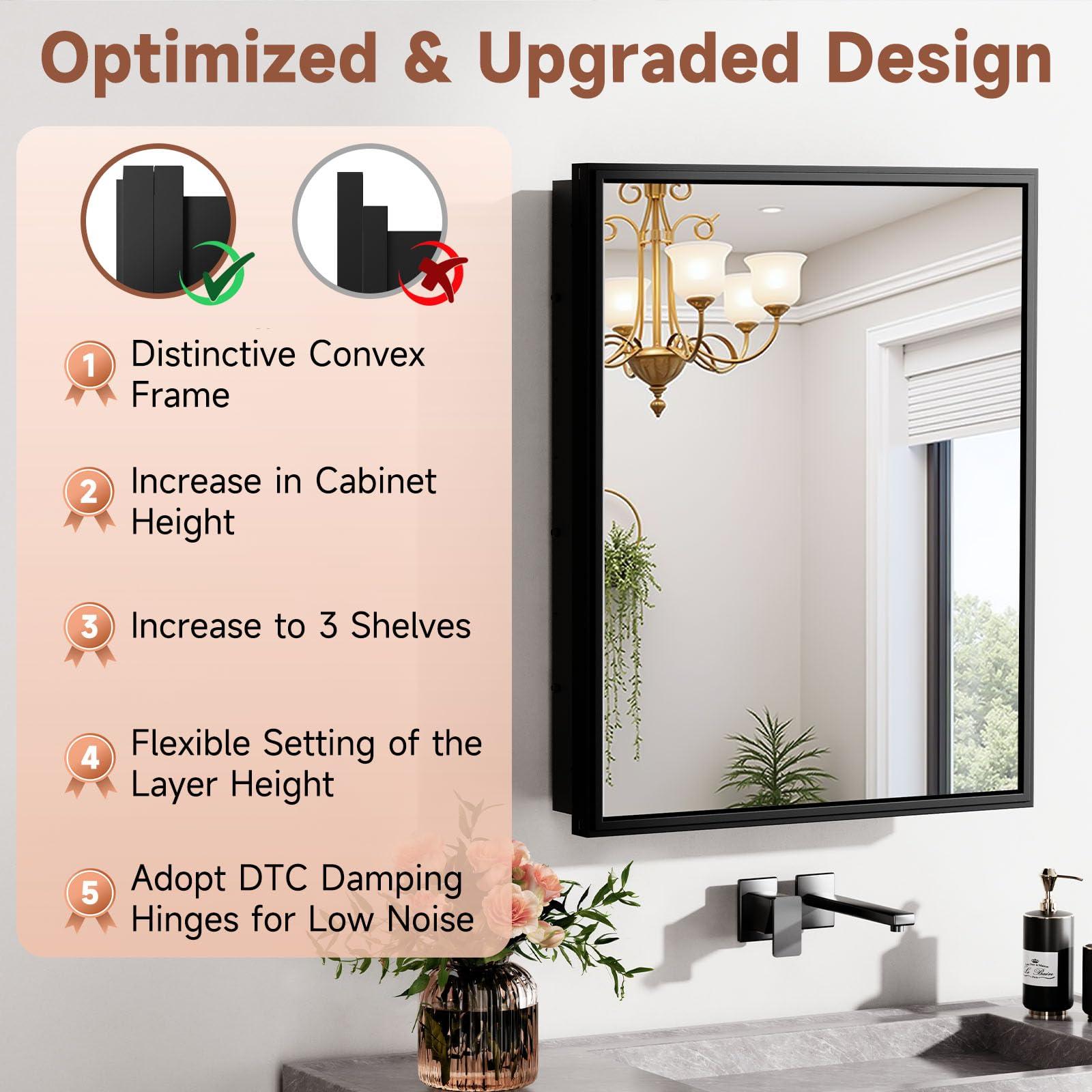 BOHMIROO BOHMIROO 24x30 Inch Medicine Cabinet Mirror Black Bathroom Medicine Cabinet with Vanity Mirror Recessed Medicine Cabinet Surface Mount Matte Aluminum Alloy Framed Vanity Mirror with Storage Cabinet