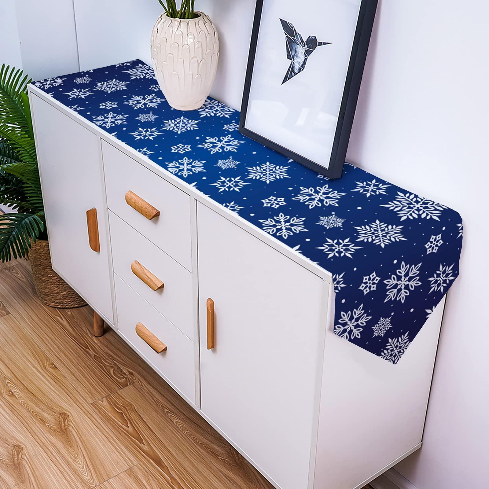 ZFUNCING Linen Table Runner-90Inch Long Christmas White Snowflake on Blue Washable Burlap Table Runners Winter Snowy Dining Dresser Scarfs for Kitchen Wedding Holiday Party Tables Decor