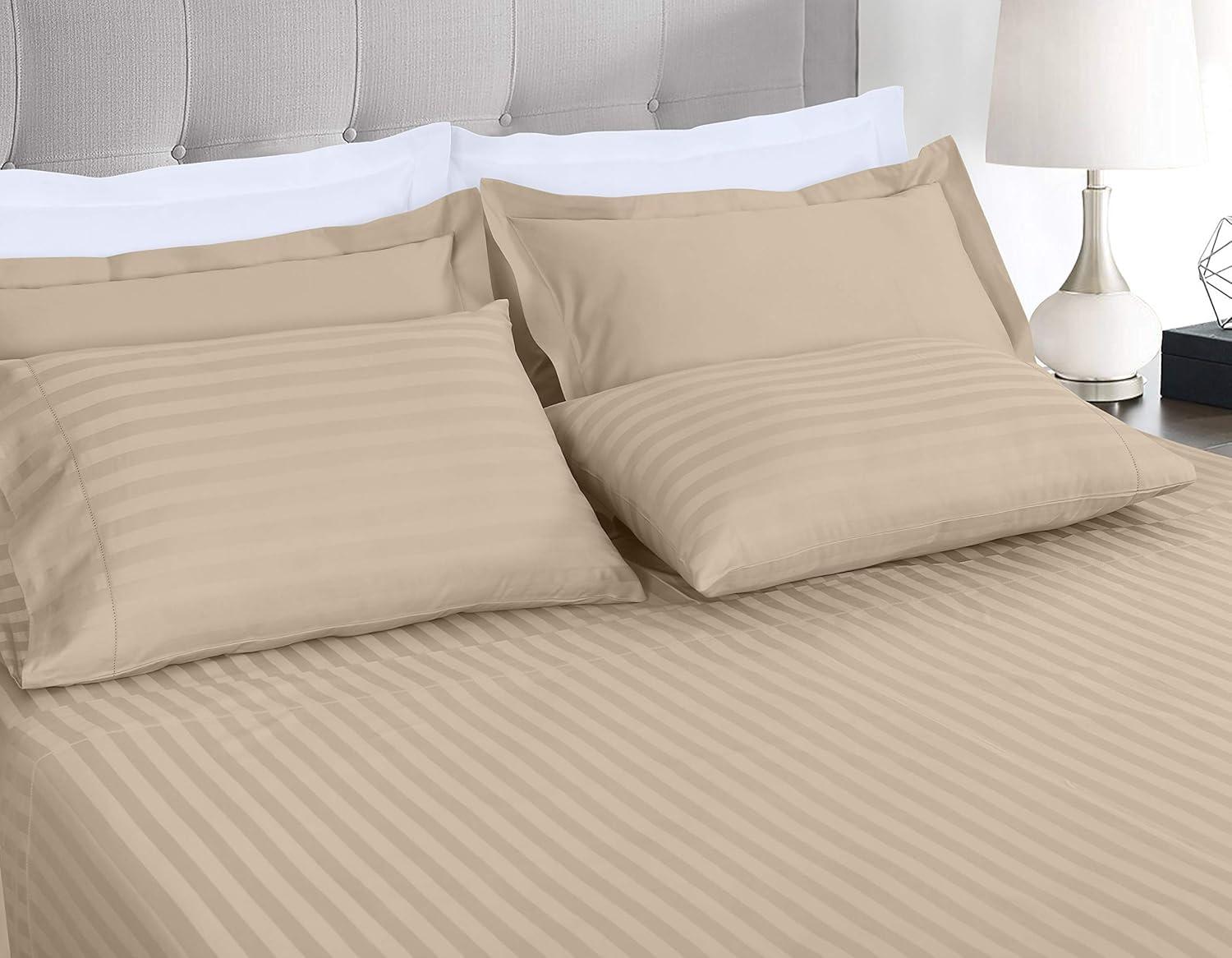 Ossam Linen Ossam Linen Genuine 1500-Thread-Count Heavy Rich Egyptian Cotton 4-PCs Sheet Set California King Size Fits 10-12 Inches Deep Pocket (Stripe, Beige)