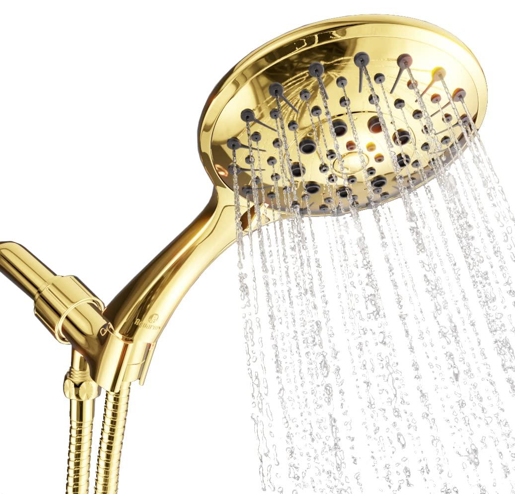 Wellness & Co Aquarius Gold Shower Head With Handheld Sprayer, 6 Spray Settings High Pressure Polished Brass Shower Head With Hose (Extra Long) & Adjustable Brass Ball Bracket Kit, Shower Head Gold Finish