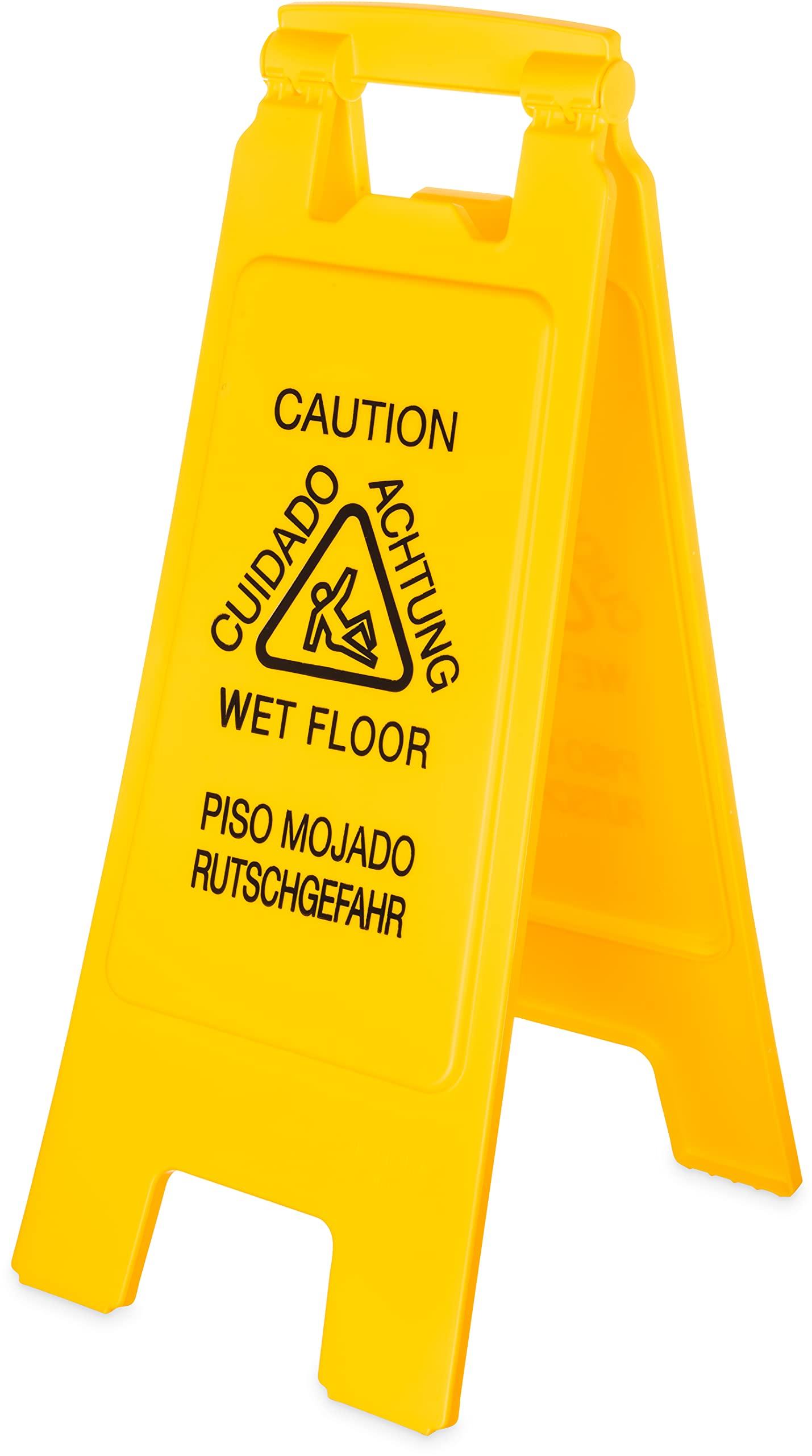 Carlisle FoodService Products SPARTA Flo-Pac Caution Wet Floor Sign with English, Spanish, German for Commercial Use, 25 X 11 Inches, Yellow, (Pack of 6)