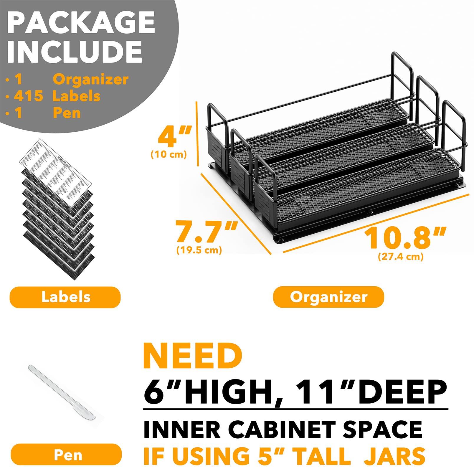 SpaceAid SpaceAid Pull Out Spice Rack Organizer for Cabinet, Heavy Duty Slide Out Seasoning Kitchen Organizer, Cabinet Organizer, with Labels, 7.7\" W x10.75 D x4 H, 3 Drawers 1-Tier
