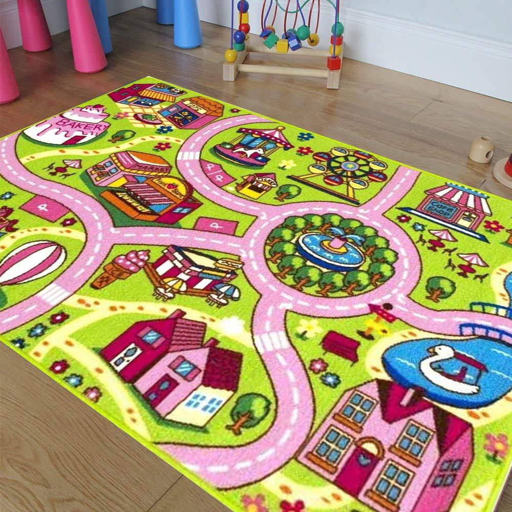 Champion Rugs Girls Roads City Map Train Tracks Cars Educational Fun Non-Slip Pink Play Mat Carpet for Kids and Children Bedrooms and Playroom (8 Feet X 10 Feet)