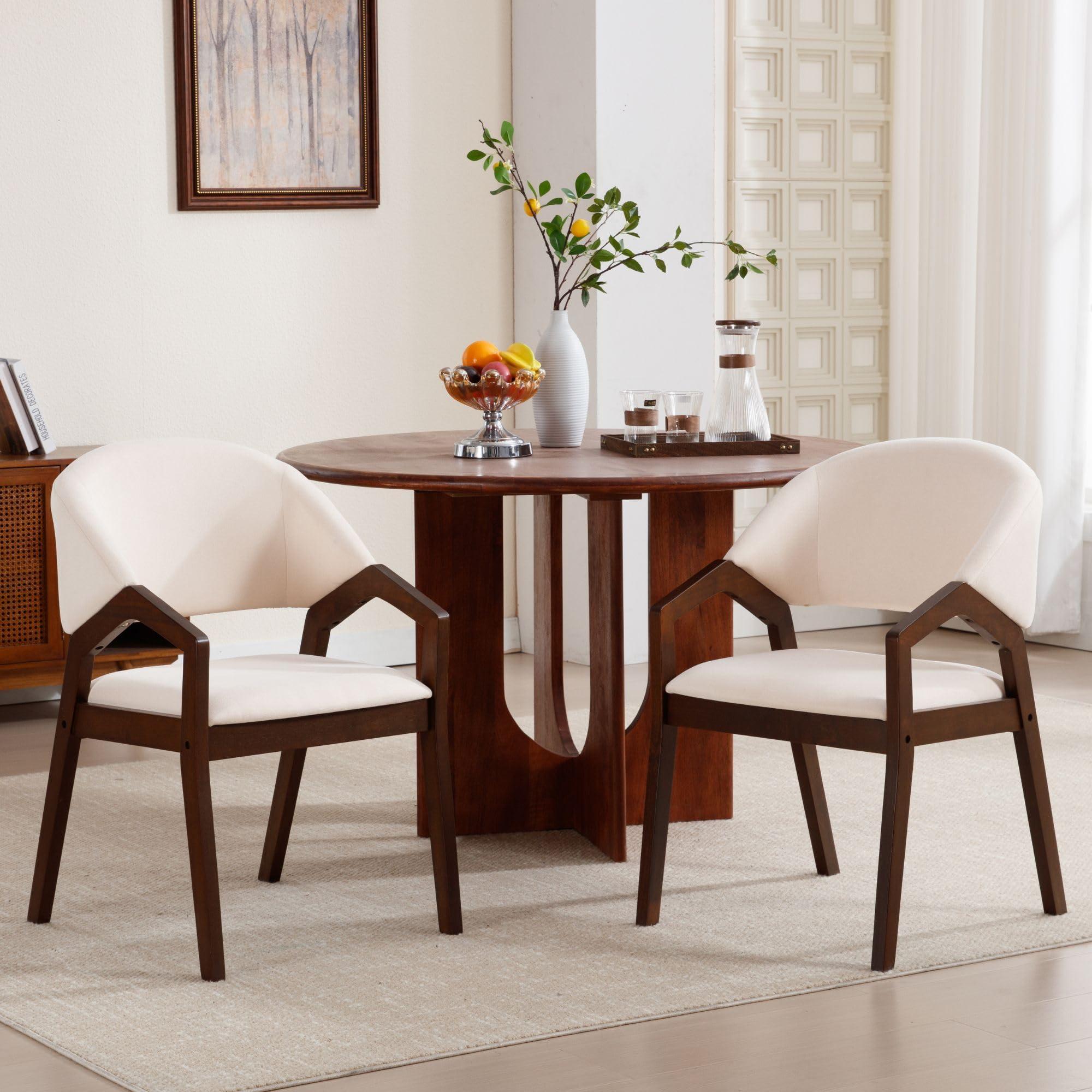 Wahson Wahson Mid Century Modern Dining Chairs Set of 4, Upholstered Fabric with Beige Chenille, Brown Solid Wood Frame