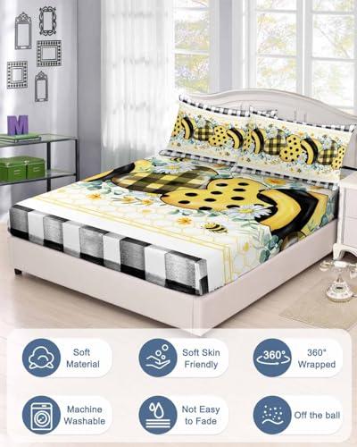 Alandar Home Cal King Fitted Bed Sheet Deep Pocket,Summer Daisy Bee Love Heart Eucalyptus Leaves Bedding Sheet Soft Brushed Microfiber Fitted Sheets,Black White Plaid Hotel Fitted Bottom Sheet with Pillowcase Set