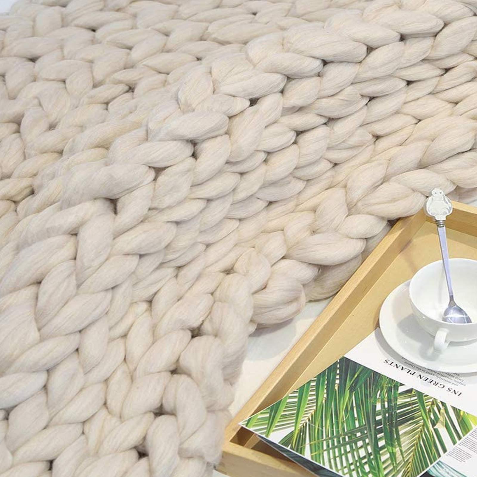 BWBG Chunky Knit Blanket Beige, Synthetic Wool Luxury Throw Knitted Blanket for Cuddling Up in Bed, Cozy Handmade Bulky Bed Sofa Chair Mat for Home Decor-80x80in