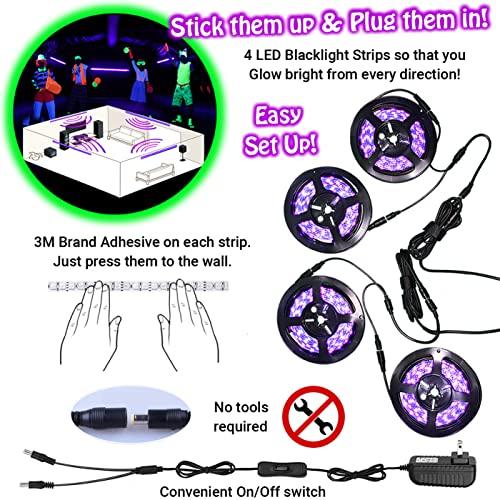 Glow Party World Black Lights for Glow Party! 115W Blacklight LED Strip kit. 4 UV Lights to Surround Your neon Party. Ultraviolet Lighting for Big Rooms. Easy Set up! Glow in The Dark Party Supplies. Fiesta Luz Negra