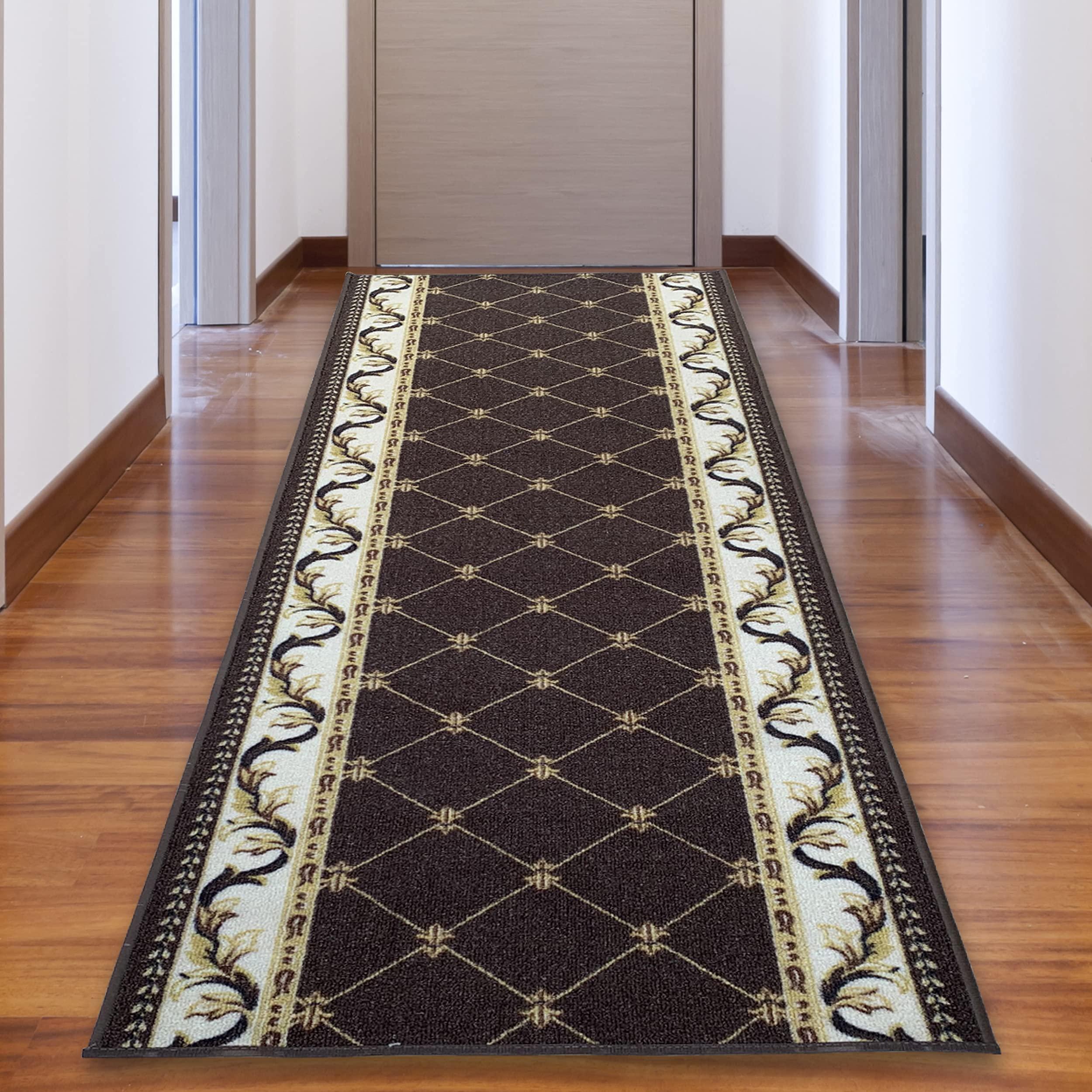 CreativeDeco Custom Made Runner Rug Low Pile With Rubber Backing For Kitchen Foyer Hallway Entry Choose Your Length Size 31 Inch Wide French Scroll Fleur De Lis Design Brown White Color (29 feet x 31 Inch)