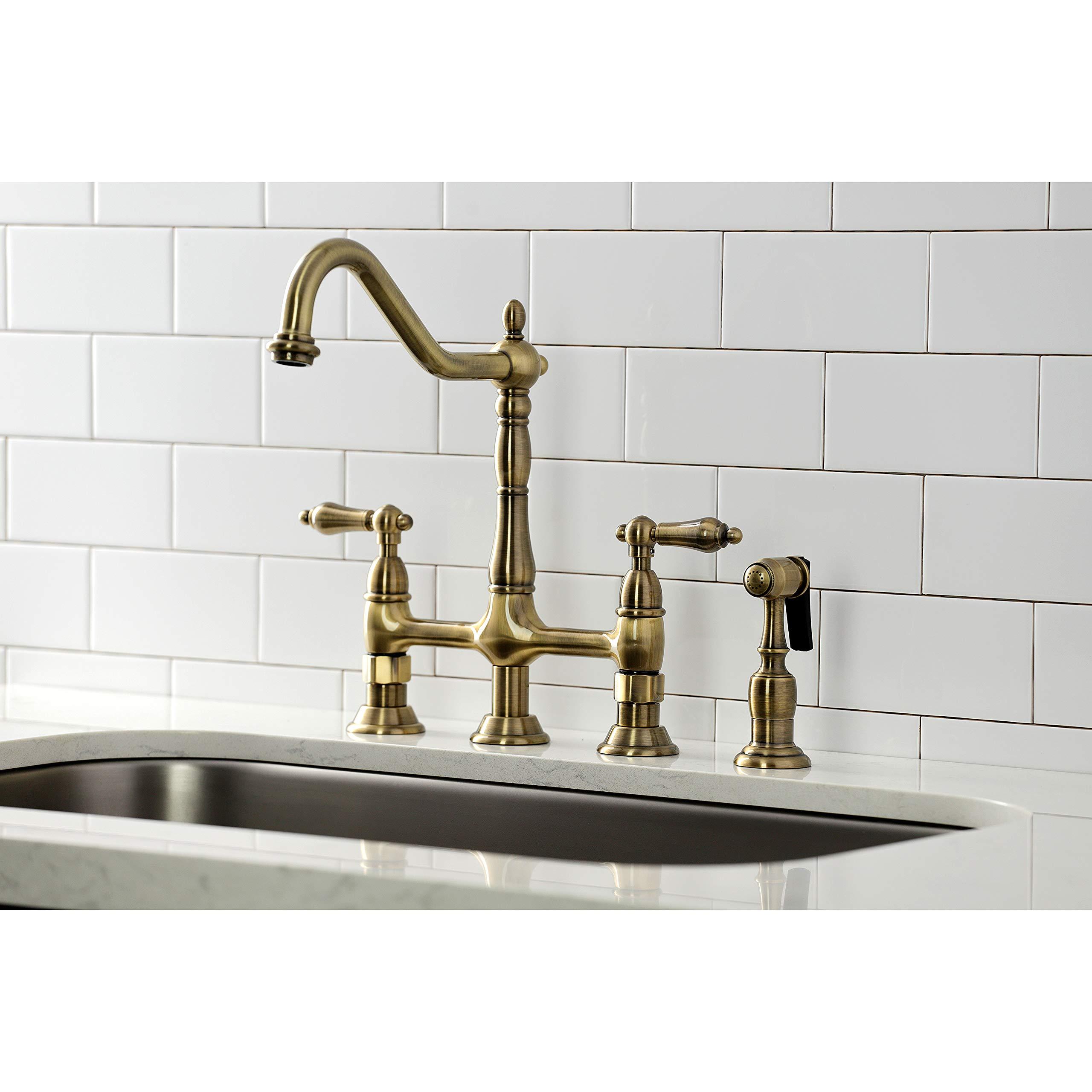 Kingston Brass Kingston Brass KS1273ALBS Heritage 8-Inch Kitchen Bridge Faucet with Brass Sprayer, Antique Brass