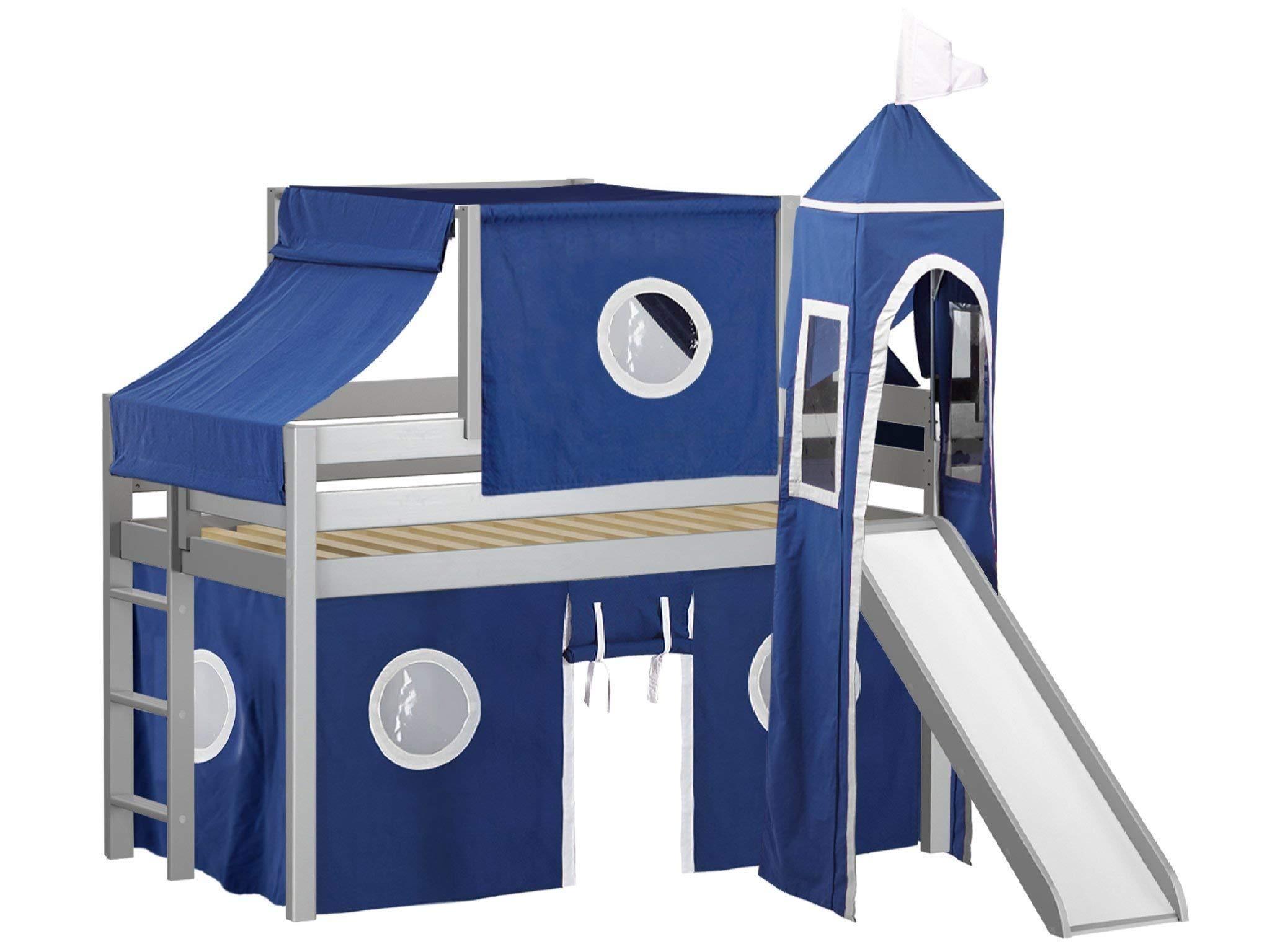 JACKPOT! JACKPOT! Castle Low Loft Bed with Slide, Blue and White Tent and Tower, Twin, Gray