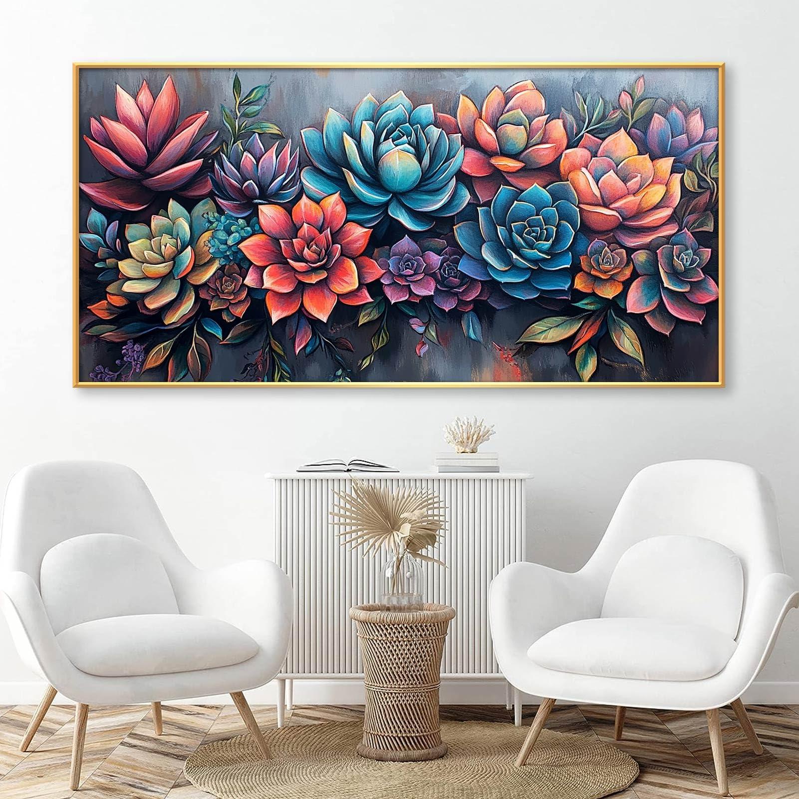 Gueeclk Succulent Canvas Wall Art, Abstract Succulent Canvas Print, Wall Succulent Decor, Plant Pictures Wall Art, Tropical Botanical Prints, Succulent Poster, Home Living Room Wall Decor (Gold Framed, 71\"x35\" | 180x90cm)