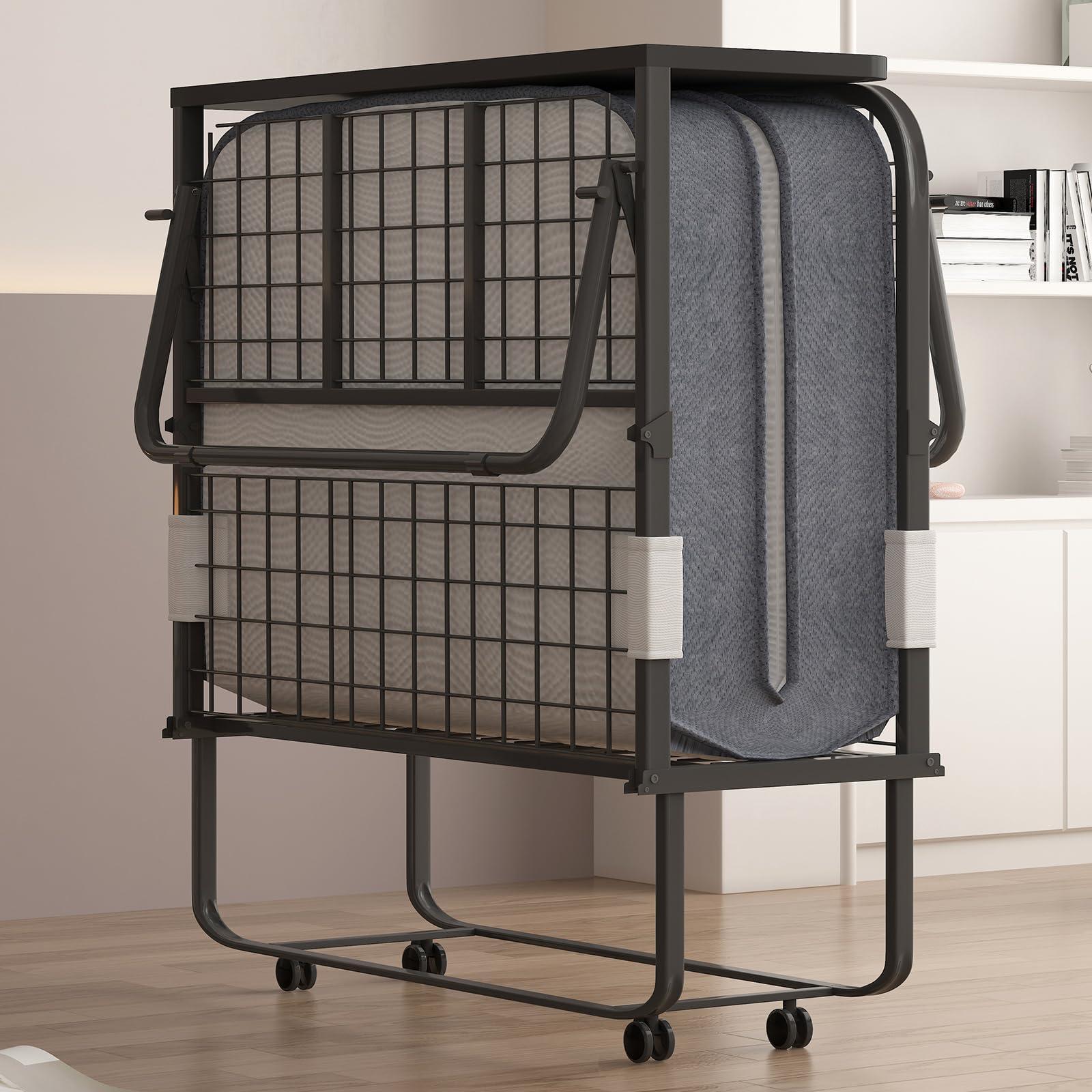 PUREMIND PUREMIND Folding Bed with 5 Inches Mattress, Upgrade Rollaway Bed for Adults with Dustproof Bag & Head Baffle, Single Portable Foldable Bed Fold Up Guest Bed with Metal Frame & Swivel Wheels