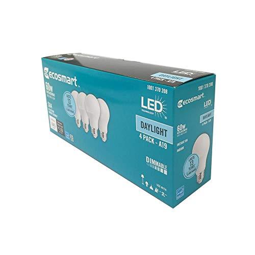 EcoSmart (4 Pack) Ecosmart A19 LED 60 Watt Replacement (8.5W) Daylight White (5000K) 840 Lumens Energy Star Rated Medium Base E26 Dimmable Regular Shaped Light Bulbs
