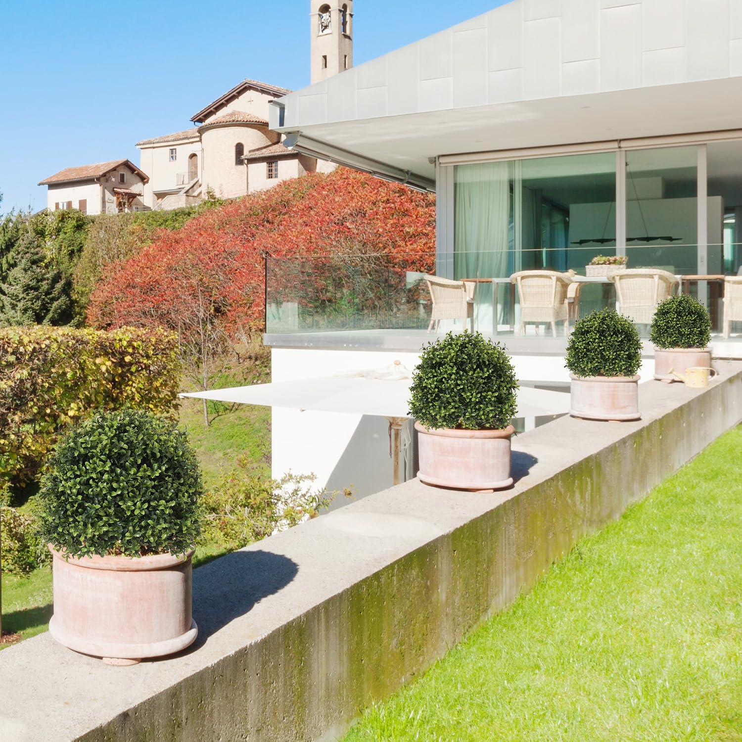 Azoco Azoco 27 Realistic Artificial Topiary Trees Set of 2, Faux Boxwood Plants Outdoor with Cement Planter, UV-Resistant Fake Evergreen Potted Ball Bushes & Shrubs for Front Porch Patio Entryway Decor