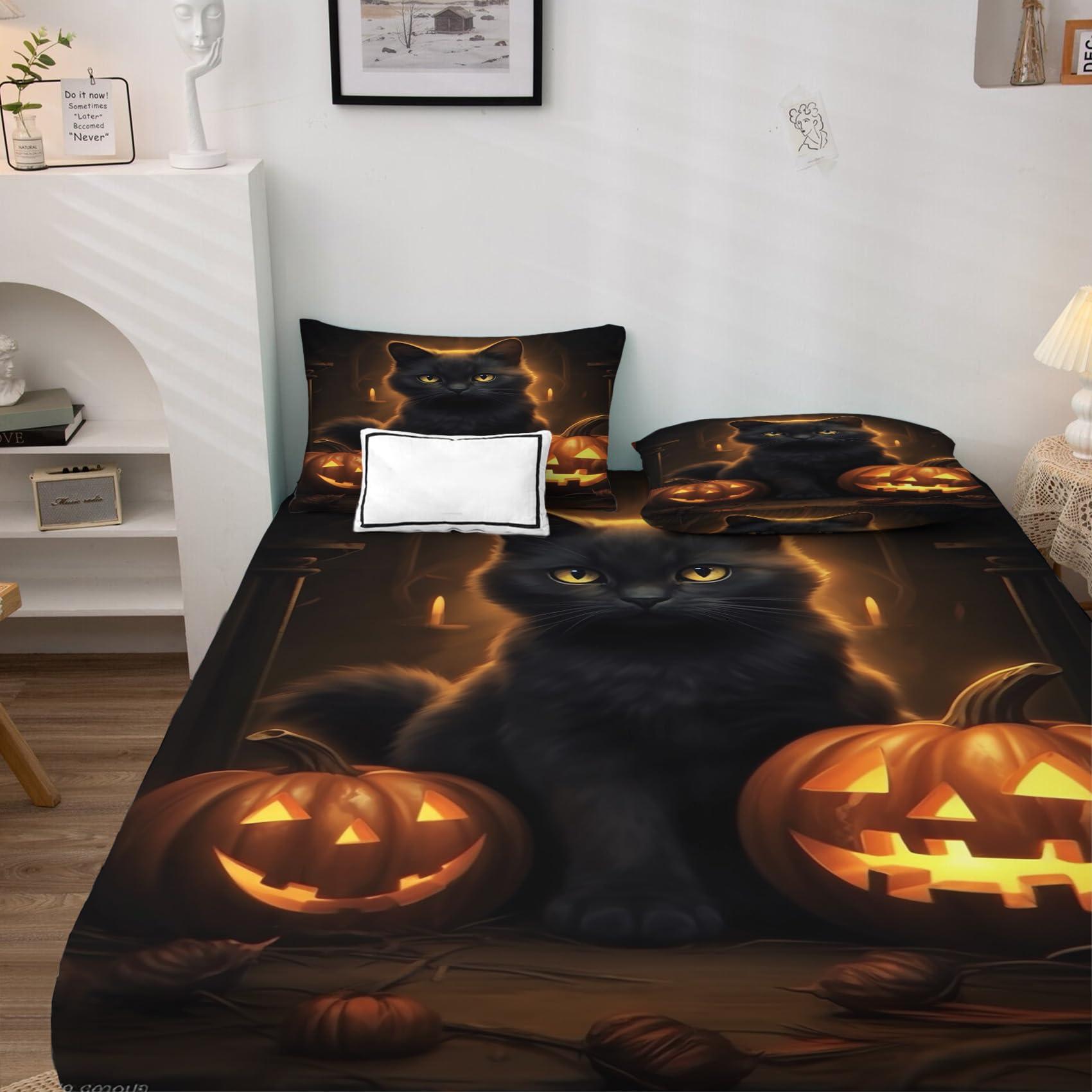 GEDAEUBA Halloween Sheets Twin XL Sheet Sets - Black Cat Pumpkin Lantern Bed Sheets for Kids Boys Girls, Halloween Theme Sheet Set with Deep Pocket Fitted Sheet, Soft Microfiber Wrinkle Free Bedding Set