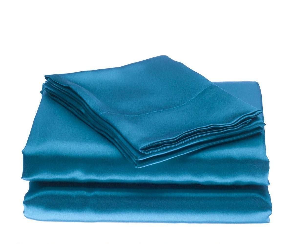 Impression Bedding Silk Satin Sheets Set | Silk Satin Sheets Set Cal-Queen | Cal-Queen Sheets Set Turquoise Blue | Silk Fitted Sheet 24 Inch Deep Pocket | 4 Pc Sheet Set | Silk Flat Sheet & Pillowcases Set.