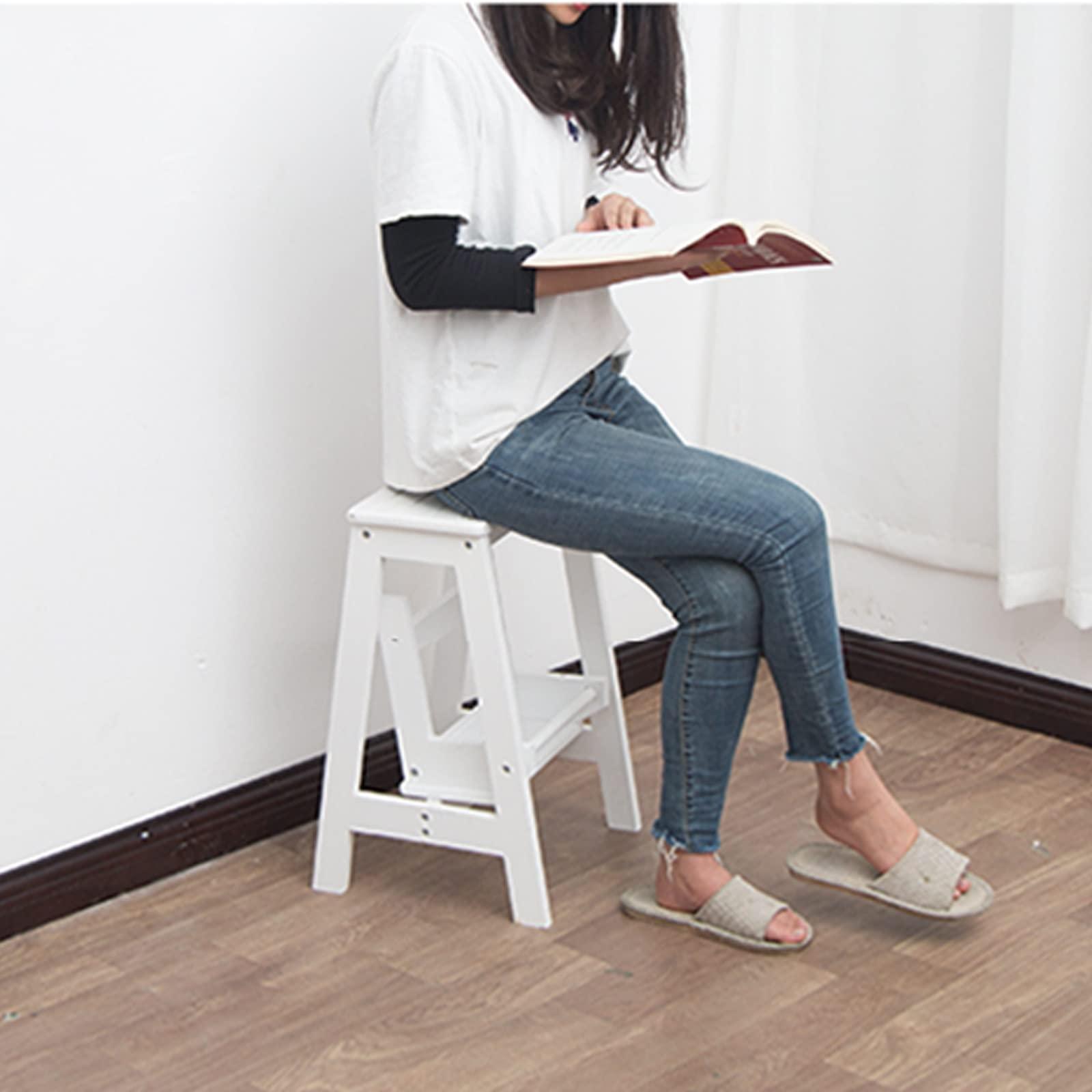 GFHQDPSC Step Stool Wooden Ladders Stool, Flip 2 Step Small Foot Stools Safety Non-Slip Tread for Home Library Kitchen Climb Step Ladder White