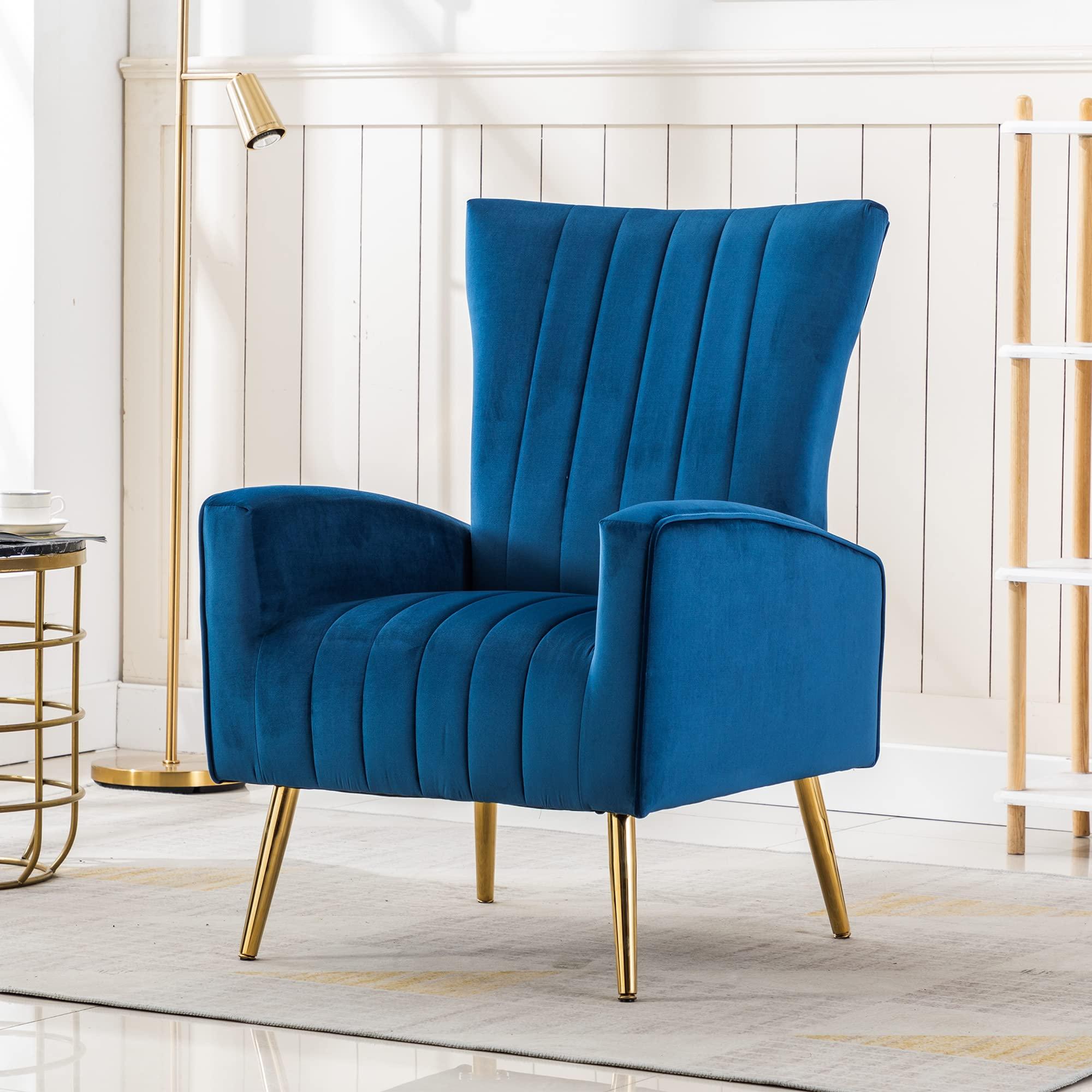 LSSPAID LSSPAID Velvet Accent Chairs Set of 2, Modern Fabric Upholstered Living Room Chairs Armchairs with Wing Back and Metal Legs, Navy Blue