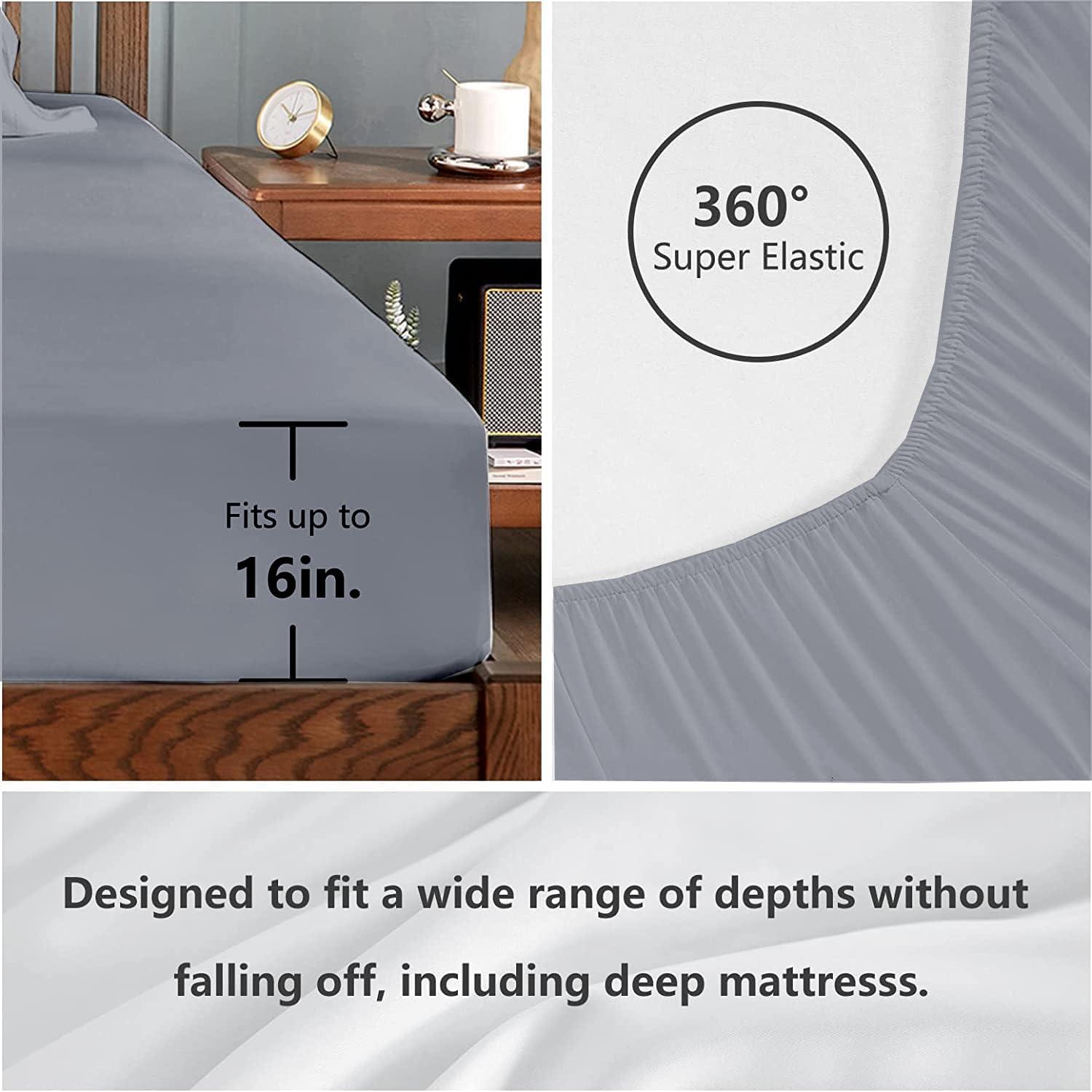 MD Home Decore Split Queen Sheets- 7 Piece Set- Split Queen Sheets Sets for Adjustable Beds- 16 Inch Deep Pocket- Sleep Number Sheets- Hotel Luxury Bed Sheets- Easy Fit- Wrinkle Free & Comfy (Light Grey Stripe)