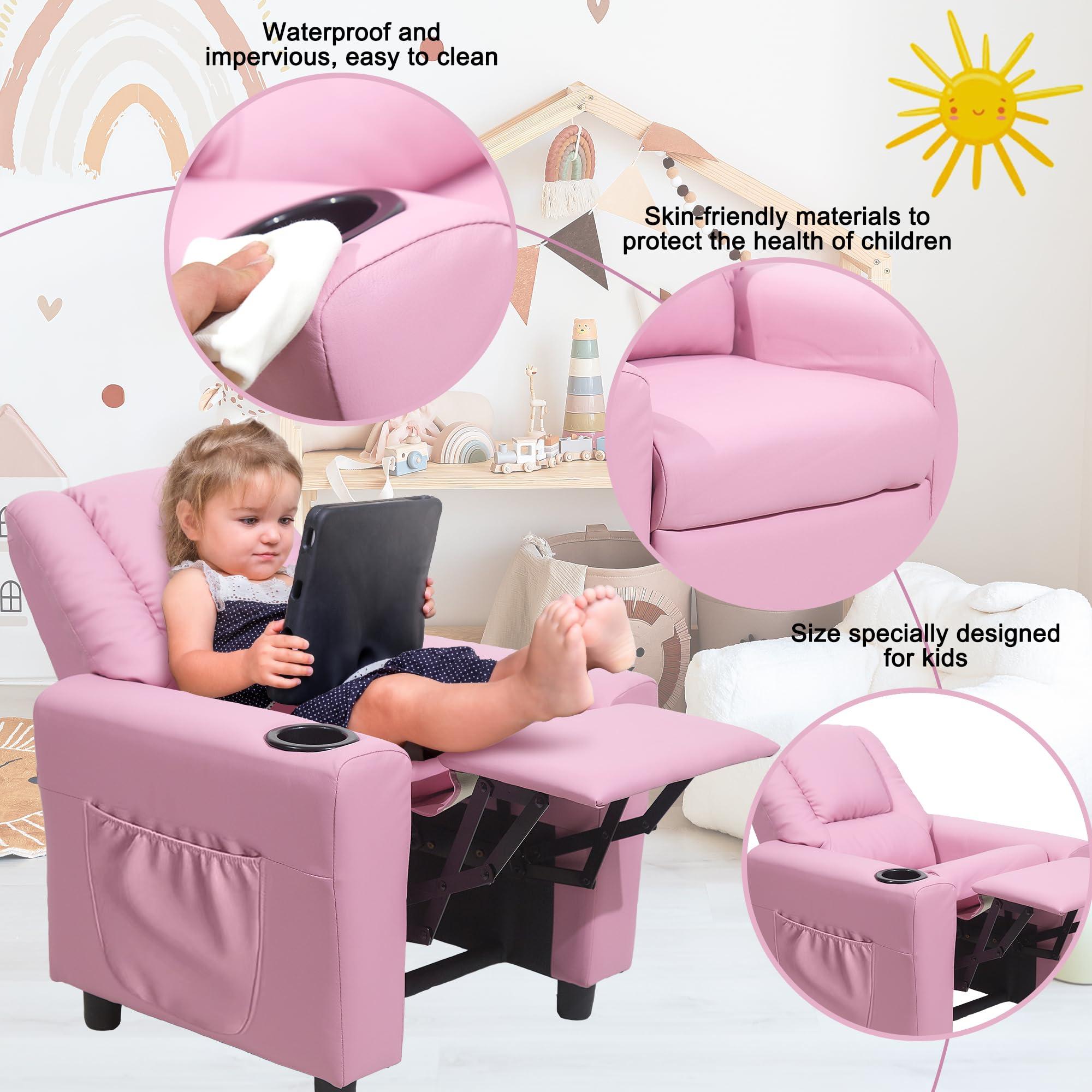hzlagm hzlagm Kids Recliner Chair with Cup Holder, Toddler Recliners for Kids Age 0-5 with Side Pockets and Non-Slip Footstool, Child Recliners for Girls Boys Kids Room, Children\'s Rooms, Pink