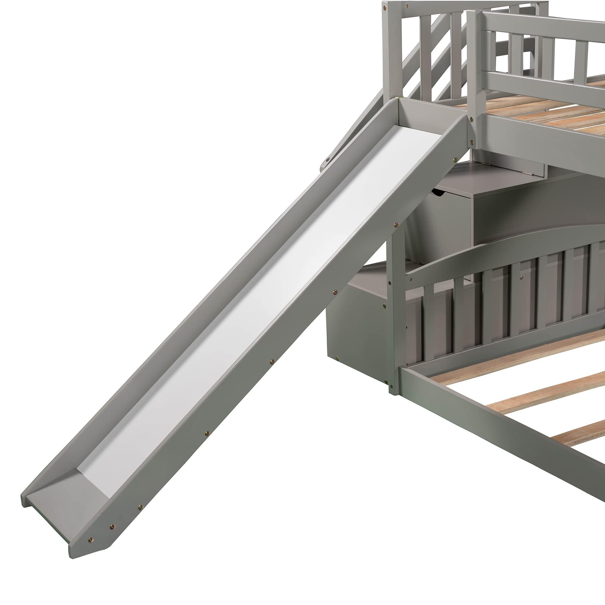 JIVOIT JIVOIT Low Bunk Bed with Two Drawers and Storage Staircase, Twin Over Twin Bunk Bed with Convertible Ladder and Slide, Wooden Stairway Bunk Bed Frame for Kids Teens Boys Girls (Gray+Stairway GZ)