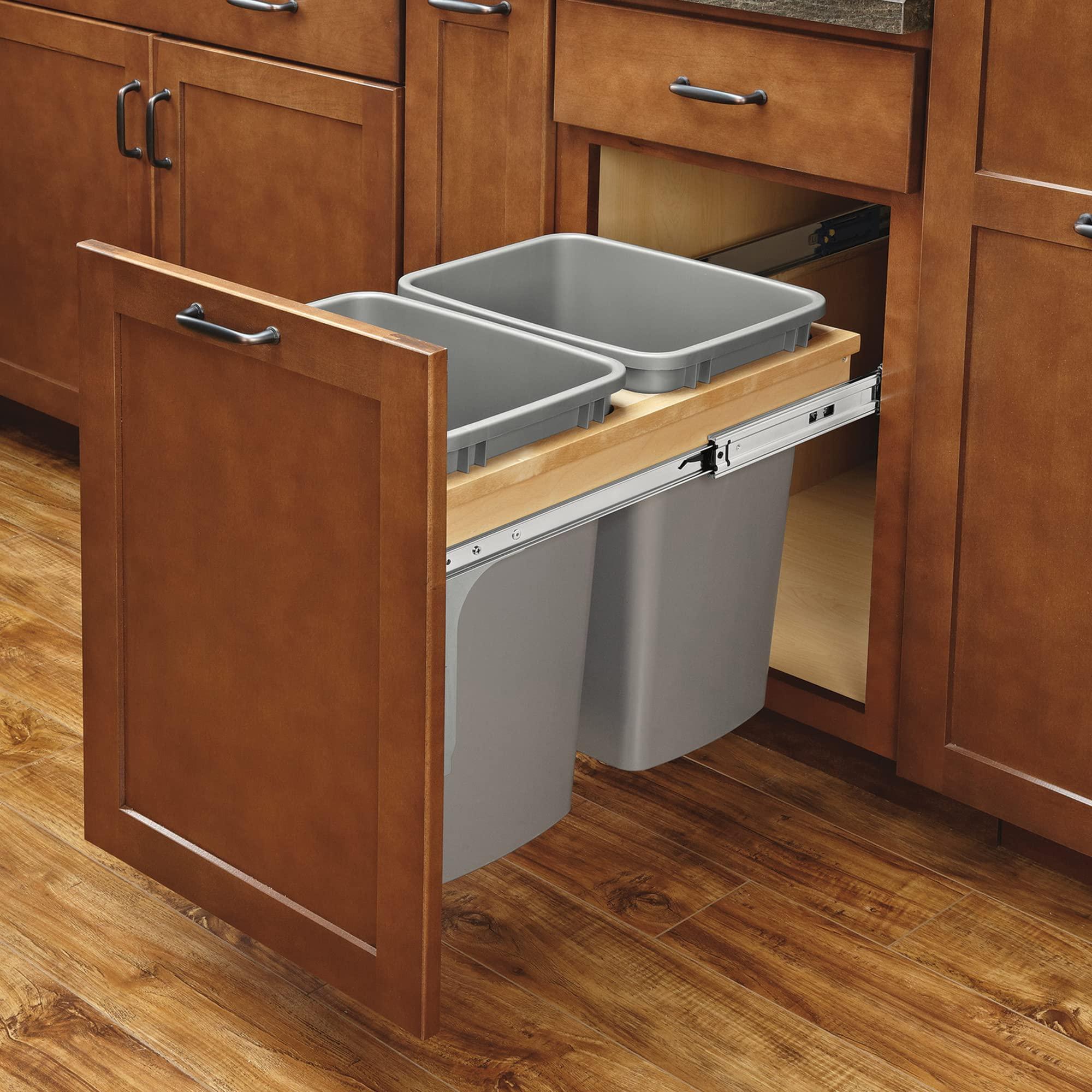 Rev-A-Shelf Rev-A-Shelf Double Pull Out Under Cabinet Trash Can w/Soft-Close, 35 Qt Garbage Bin for 15\" x 1.5\" Face Frame, Silver, 4WCTM-18BBSCDM2