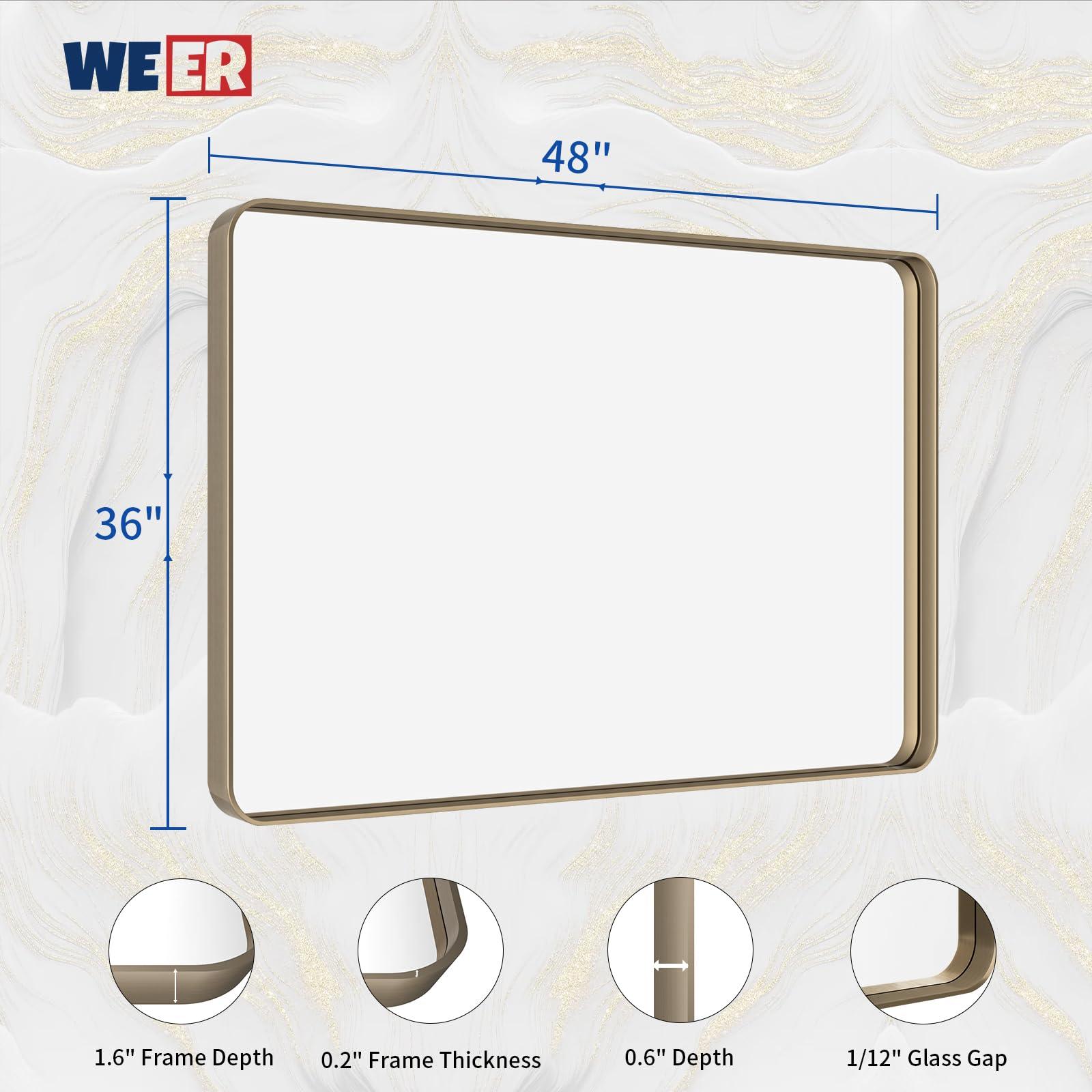 WEER WEER Bronze Bathroom Mirror 48x36 Inch, Farmhouse Oil Rubbed Bronze Mirror for Wall, Aluminum Alloy Brushed Bronze Metal Frame Mirror for Vanity, Tempered Glass, Anti-Rust (Horizontal/Vertical)