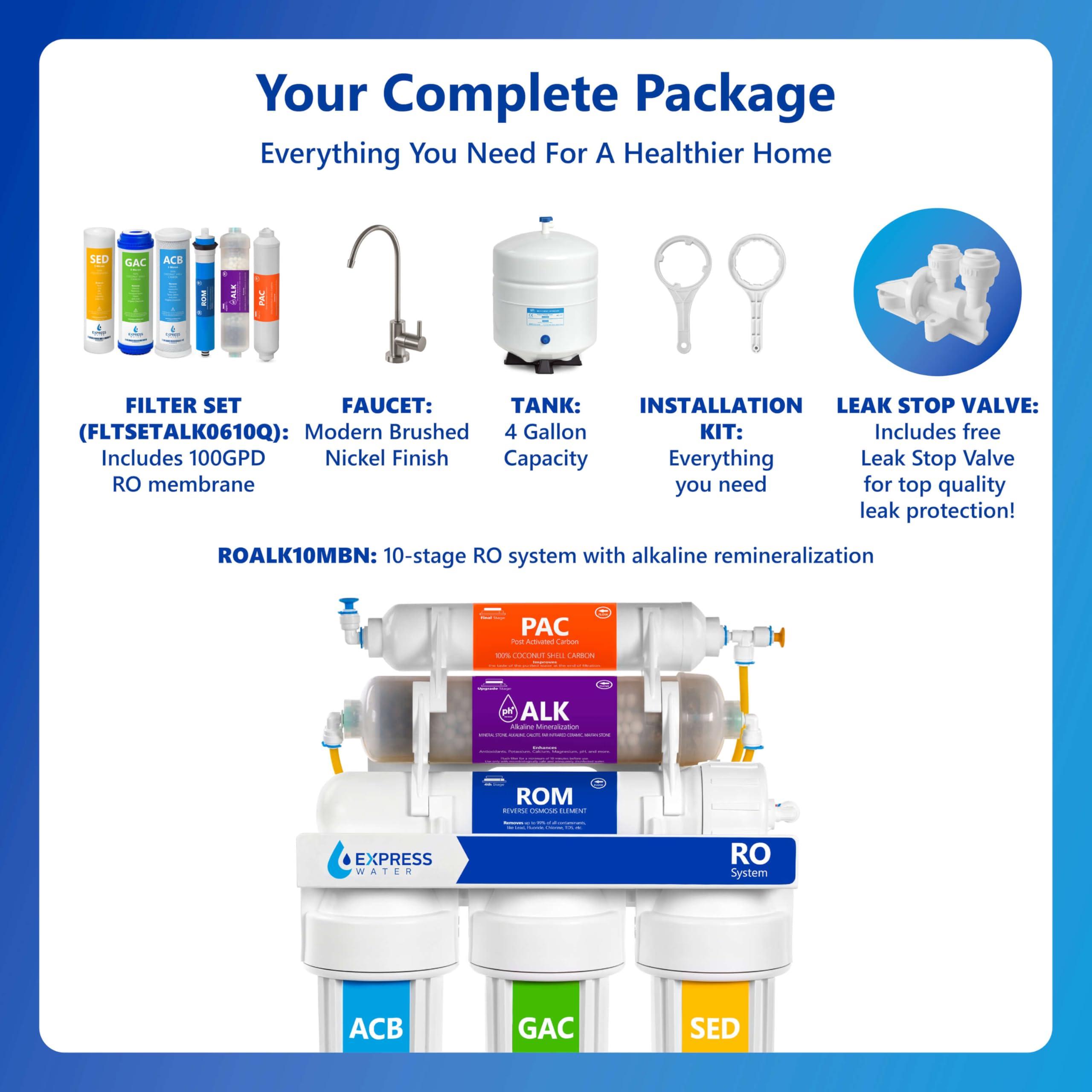 EXPRESS WATER Express Water 10 Stage Reverse Osmosis Alkaline Water Filtration System - Under Sink Water Filter with Faucet and Tank, 100 GPD