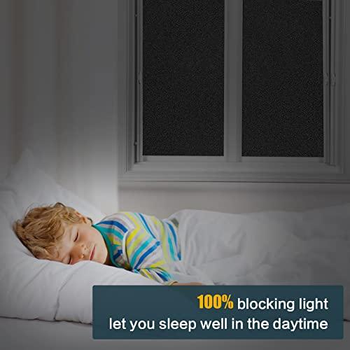 FILMGOO Total Blackout Window Privacy Film Day and Night 100% Light Blocking Static Cling Room Darkening Window Tint Black Door Stickers for Home Office, No Glue Anti-UV (Frosted-Black, 17.5 Inch x 7.8 Feet)