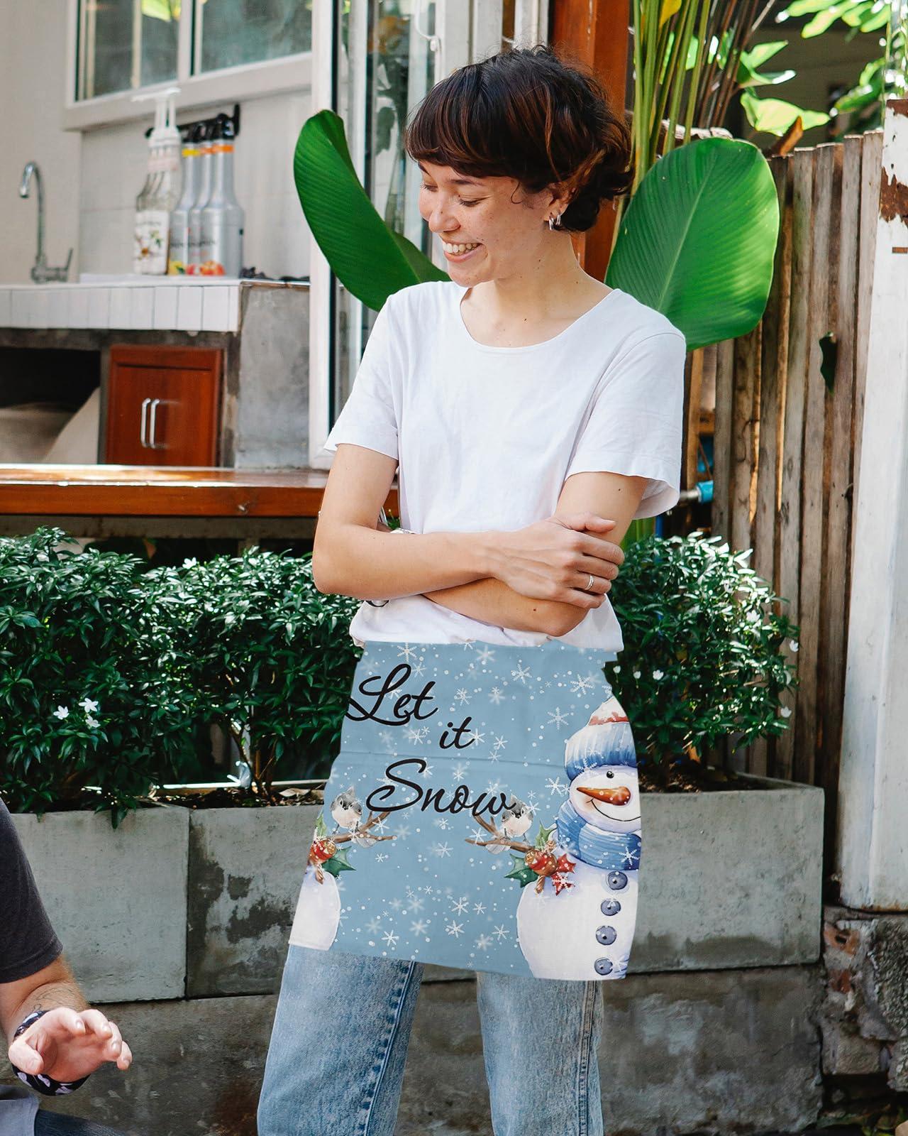 OComster OComster Christmas Waist Server Aprons, Snowman Snowflake Xmas Tree Bird Blue Waitress Apron with Pockets, Waiter Half Apron