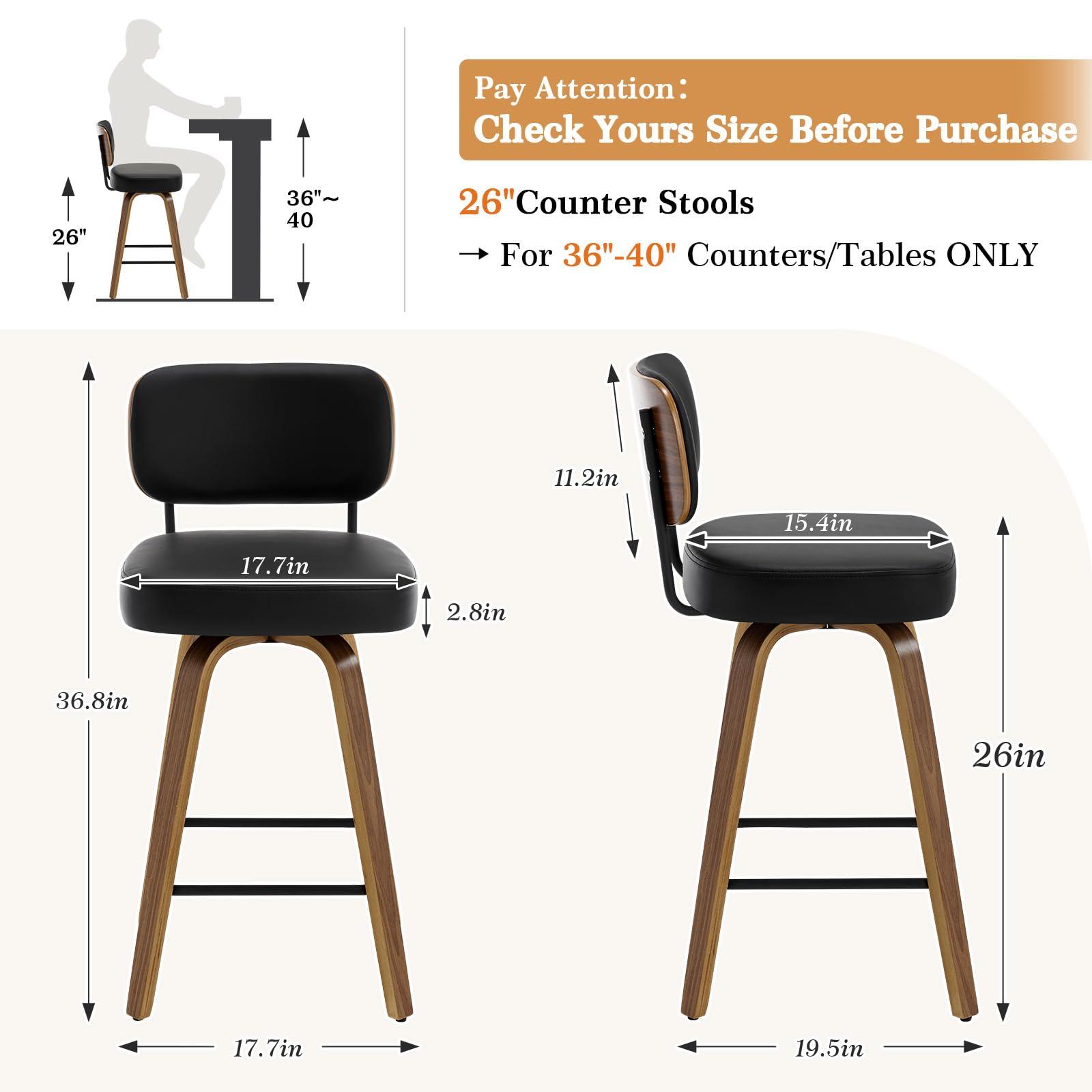 Bekrvio Bekrvio Swivel Counter Height Bar Stools Set of 3, 26\" Upholstered Faux Leather Barstools with Back and Bent Wood Legs, Mid Century Modern Bar Chair Island Stool for Kitchen Counter, Black