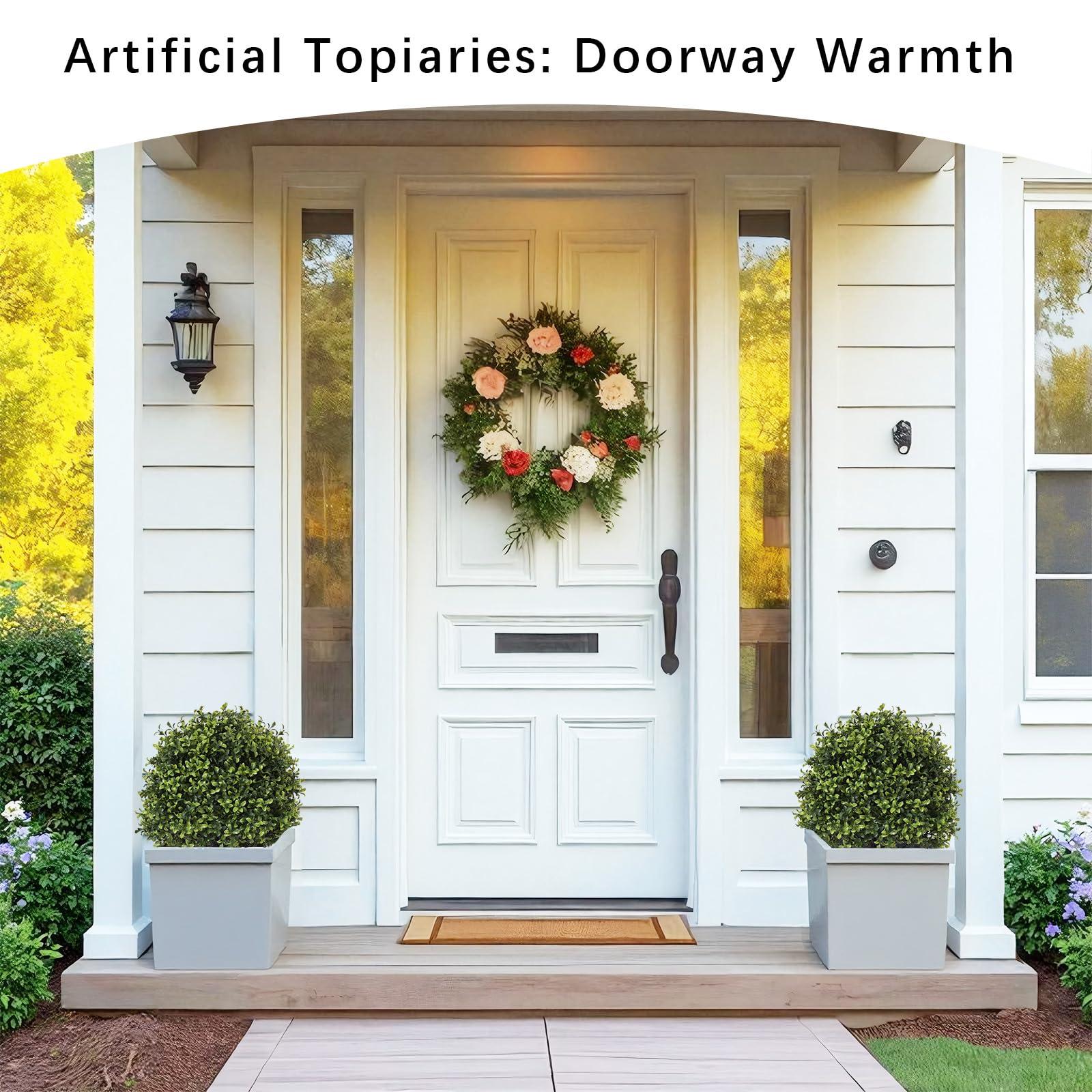 Azoco Azoco 27 Realistic Artificial Topiary Trees Set of 2, Faux Boxwood Plants Outdoor with Cement Planter, UV-Resistant Fake Evergreen Potted Ball Bushes & Shrubs for Front Porch Patio Entryway Decor