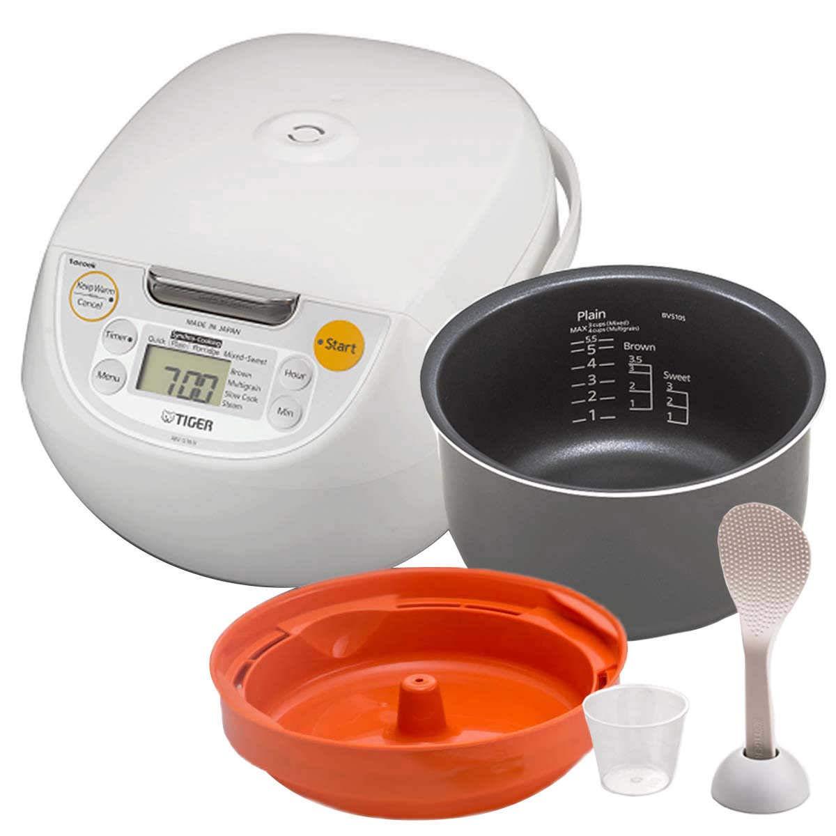 Tiger Tiger Japan Made Synchro-Cooking 5.5-Cup Micom Rice Cooker and Warmer with 10 Cooking Menu Settings, Stainless Steel Non-Stick Inner Pot and Tacook Cooking Plate, Lets you Cook Rice and Main Dish at the Same Time