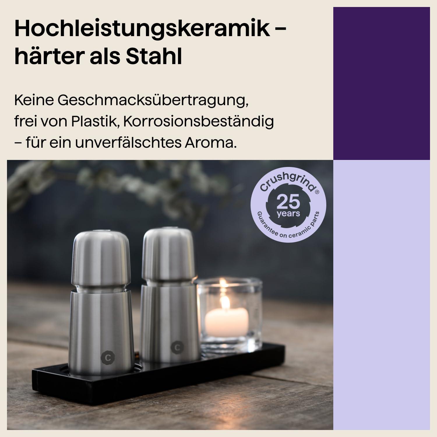 CrushGrind - the original ceramic mechanism CrushGrind Stockholm Salt- or Pepper Grinder with patented ceramic grinder (110mm, Stainless Steel, 1 Pack)