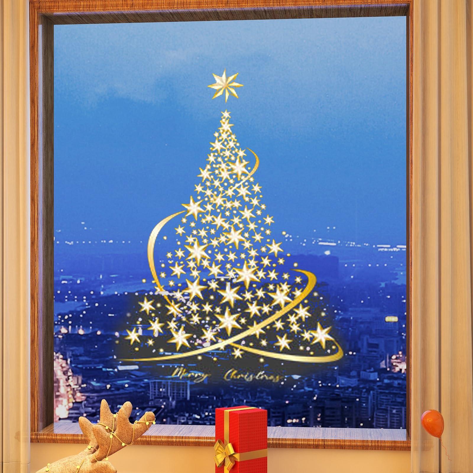 Muzrunq Muzrunq Window Stickers Christmas Window Clings Golden PVC Christmas Tree Stickers Reusable DIY Static Wall Mural for Home Shop Window Glass Display Decorations 31x22 Inch