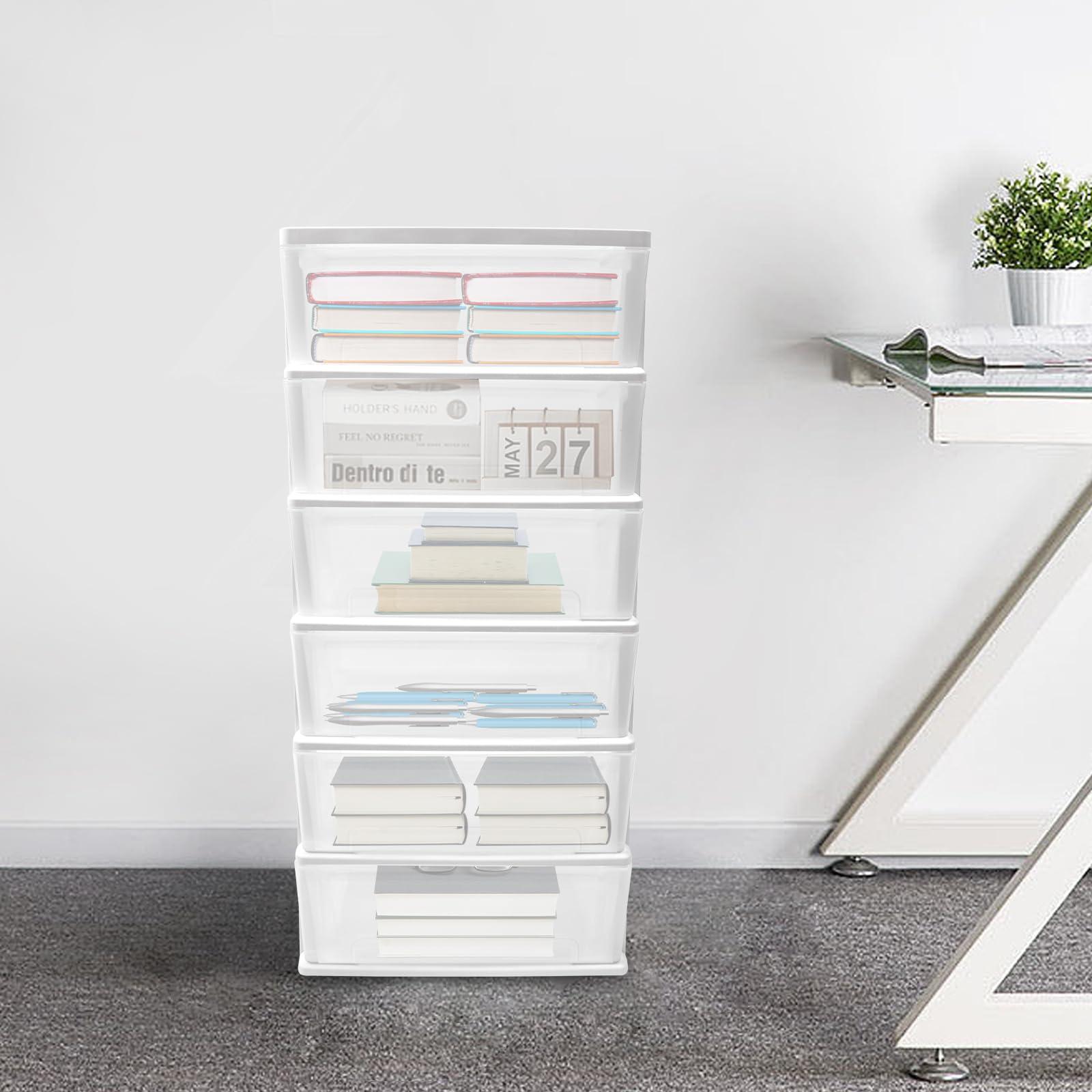 TTeralmon 6 Layer Clear Plastic Drawer w/Wheels, Storage Cart Plastic 6 Drawer Plastic Organizer with Drawers Stackable Storage Drawers for Office Closet, 19.7 * 13 * 43in (White)