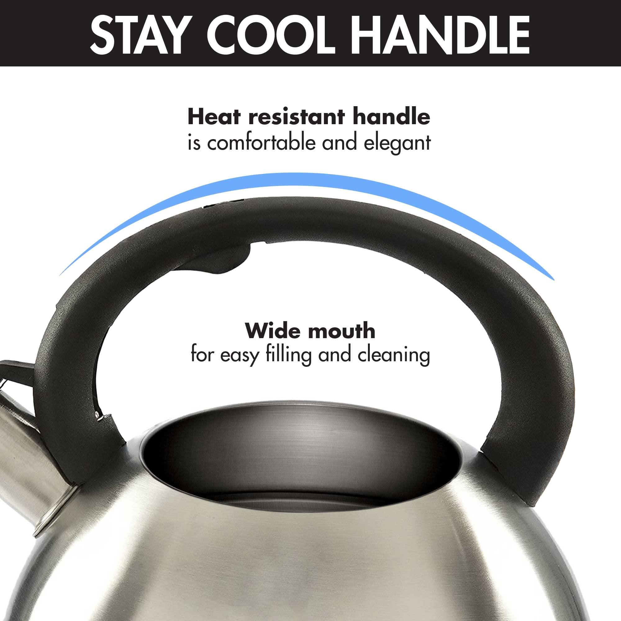 Primula Primula Avalon Whistling Stovetop Tea Kettle Food Grade Wide Mouth, Fast to Boil, Cool Touch Handle, 2.5-Quart, Brushed Stainless Steel