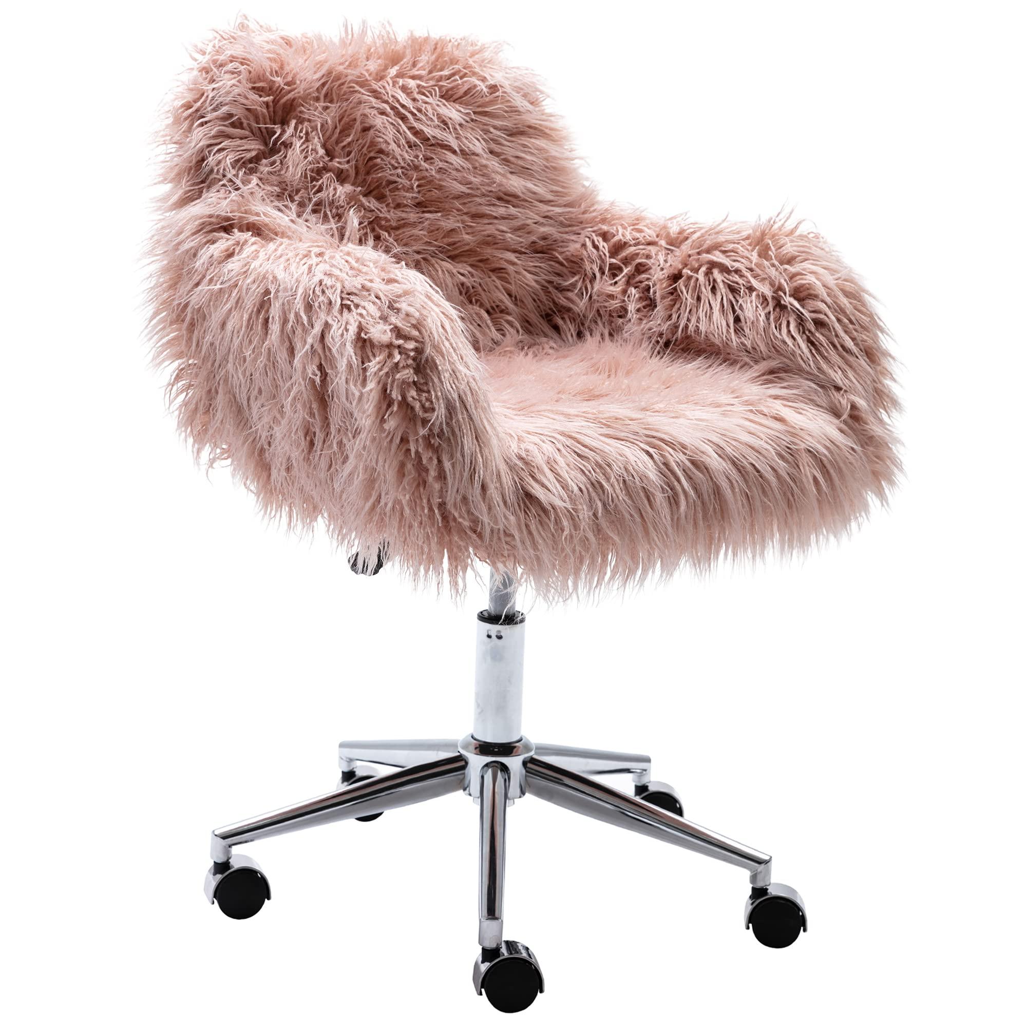 HomVent HomVent Faux Fur Vanity Chairs with Wheels Pink Furry Makup Desk Chair for Kids,Women,Grils,Cute Home Office Computer Chair,Swivel Task Arm Chairs for Bedrooms,Living Room,Study,Dressing