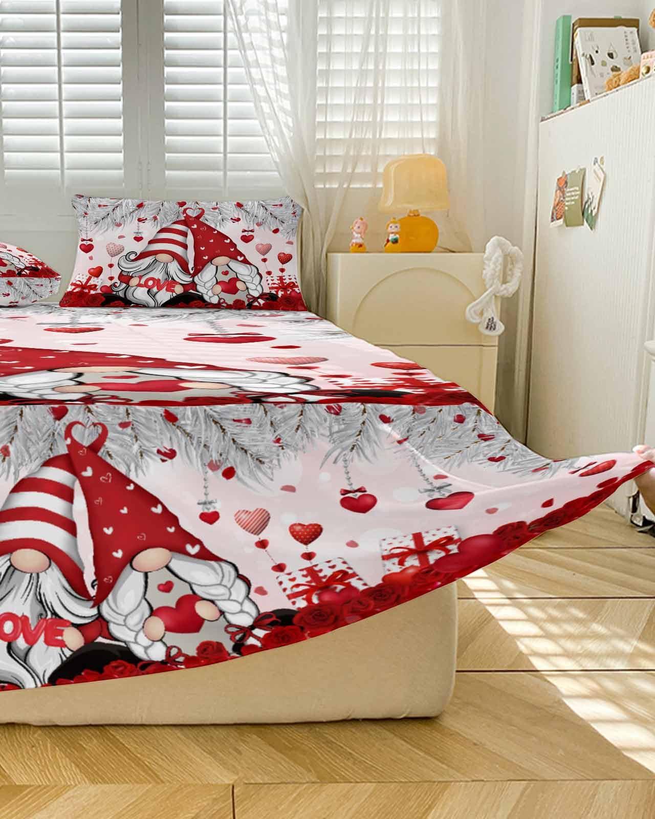 Jolunifun Valentine\'s Silver Gnomes Bed Skirt for Queen Size Bed,Wrap Around Bedding Skirt Gathered Dust Ruffle Bedskirt Sets with 2 Packs Matching Pillow Covers 30\"x20\",18 Inch Drop,Romantic Roses Hearts Red