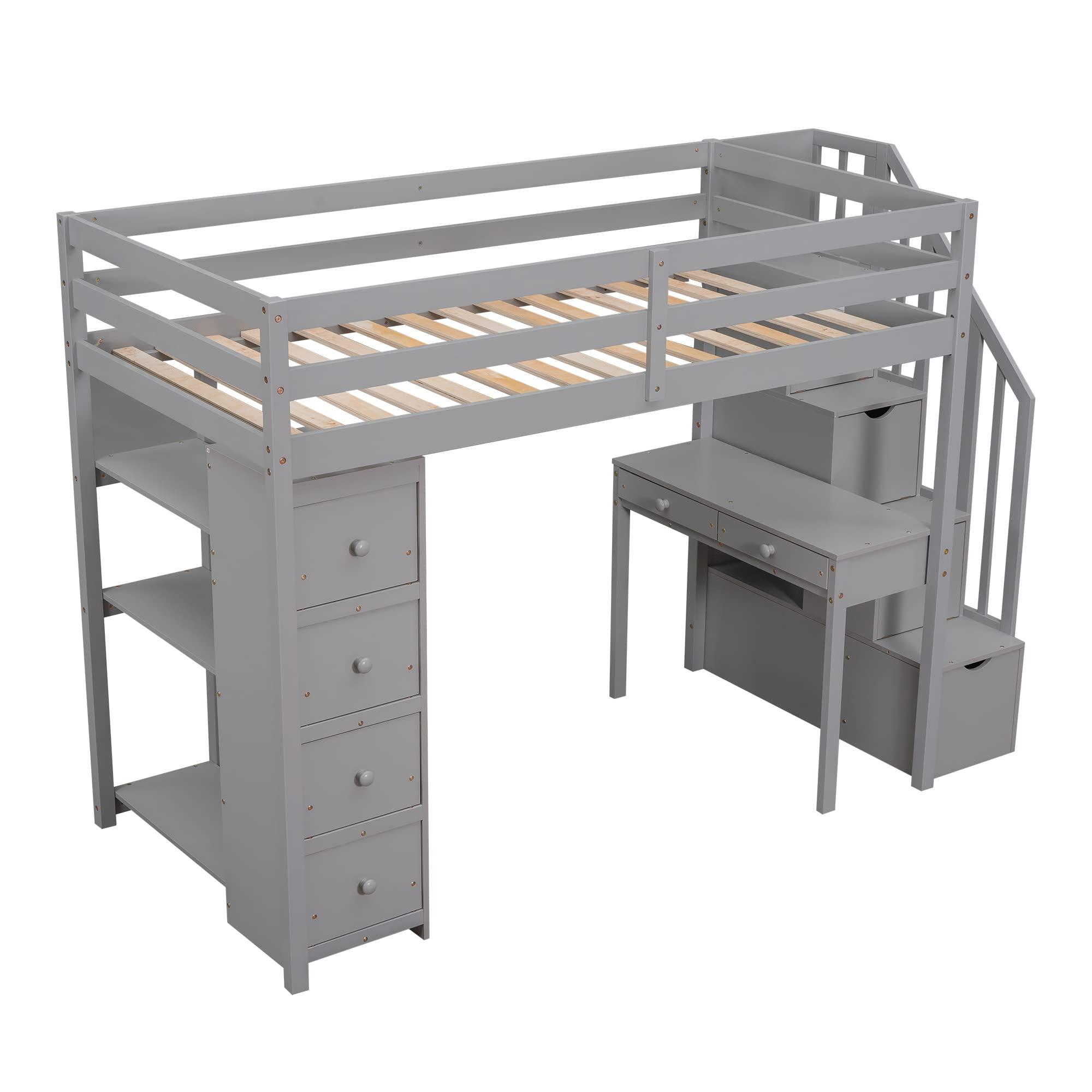 JIVOIT JIVOIT Wooden Twin Loft Bed Frame with Built-in Desk and Storage Stairs, Storage Loft Bed with 4 Storage Drawers and Shelves, Multifunctional Loft Bed for Kids Teens (Gray-Desk-6)