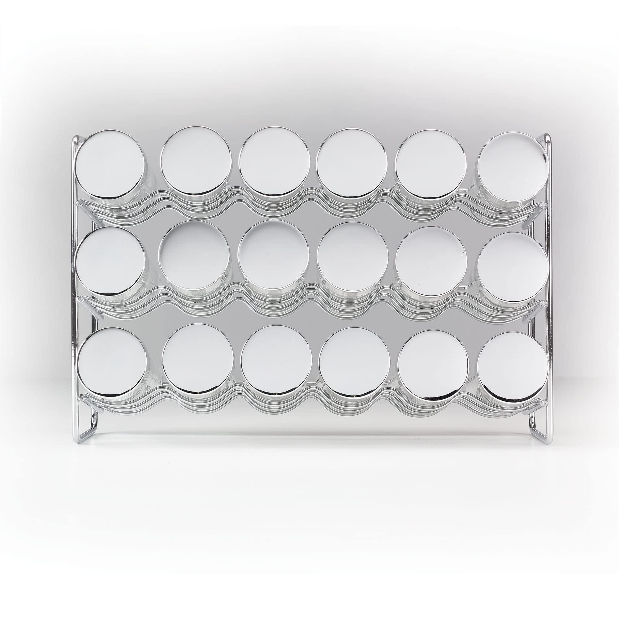 Polder Polder Chrome 18-Jar Compact Spice Rack, 18-5 ounce Glass Jar has Perforated Shaker Caps, Chrome Plated Lids, Sleek Enough for Countertop, Compact for Cabinet Storage