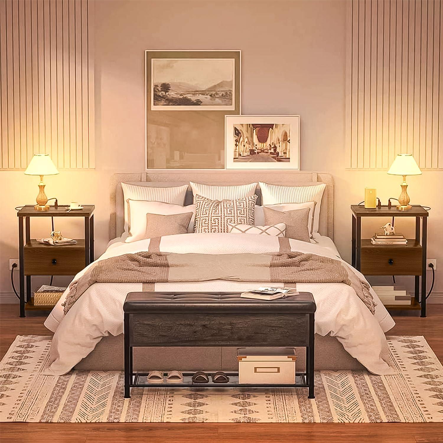 Our Modern Space Our Modern Space Wooden Nightstand with Charging Station USB Port and Single Drawer | Bedside Table End Cabinet for Living Room Bedroom Dorm - Rustic Brown