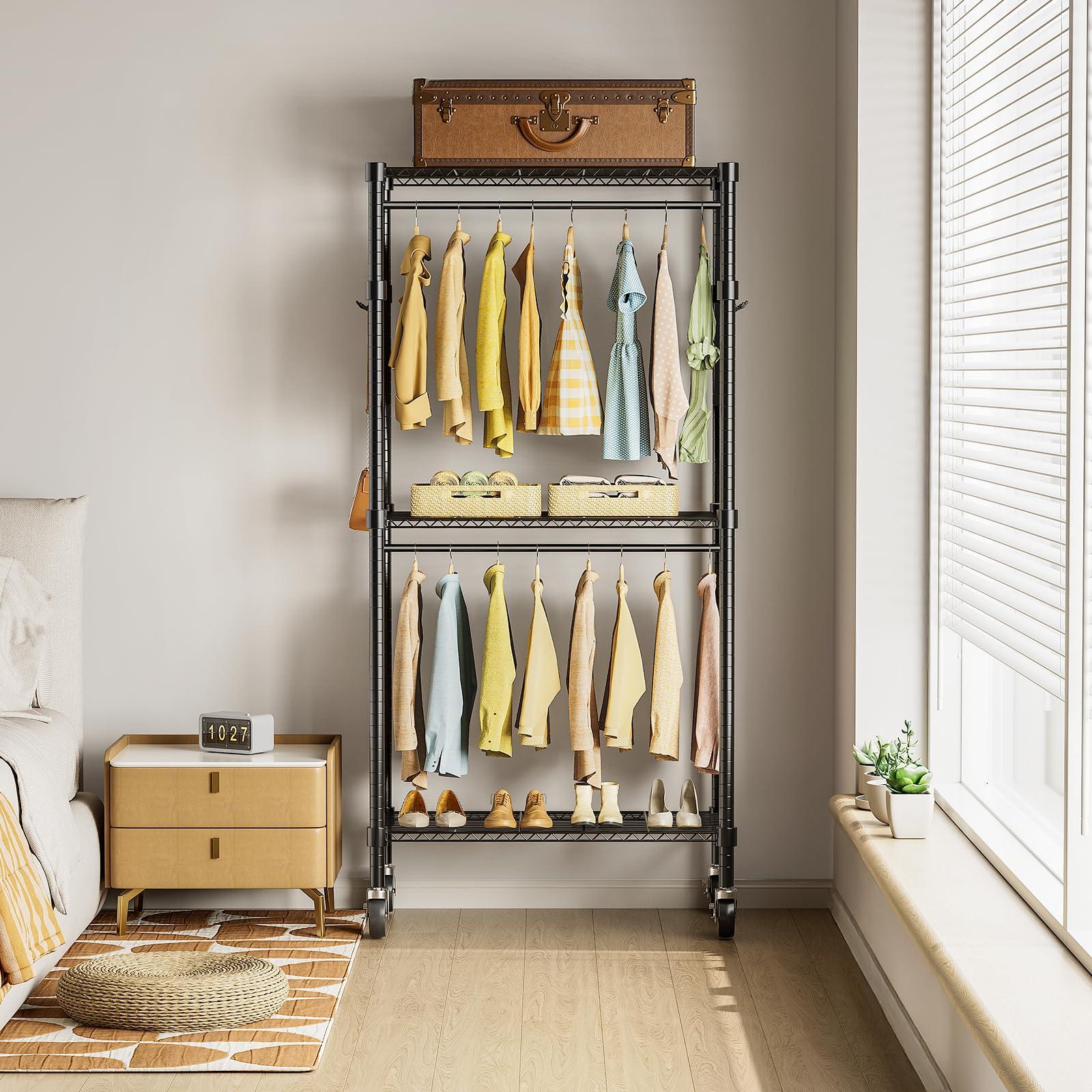 Simple Deluxe Simple Deluxe Rolling Clothes Rack, Heavy Duty Clothing Rack, 3-Shelf Portable Adjustable Wardrobe Closet with Wheels, Hanging Rods & Side Hooks, 29.5" W x 15.7" D x 75.6" H, Black