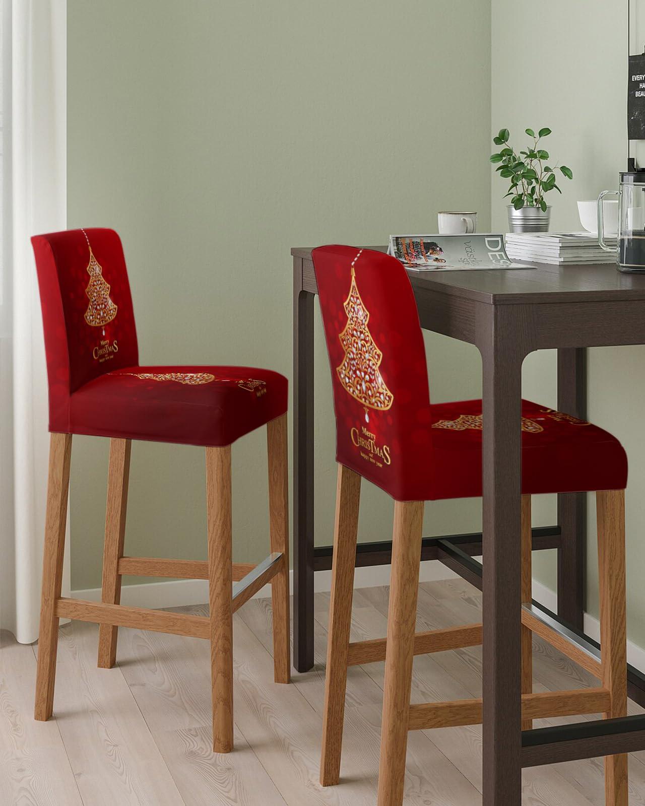 Anzona Anzona Christmas Bar Stool Cover Set of 4, Xmas Tree Red Ombre Merry Christmas Stretch Bar Chair Cover, Removable Washable Pub Counter Stool Chair Slipcover for Kitchen Dining Room Pub Cafe