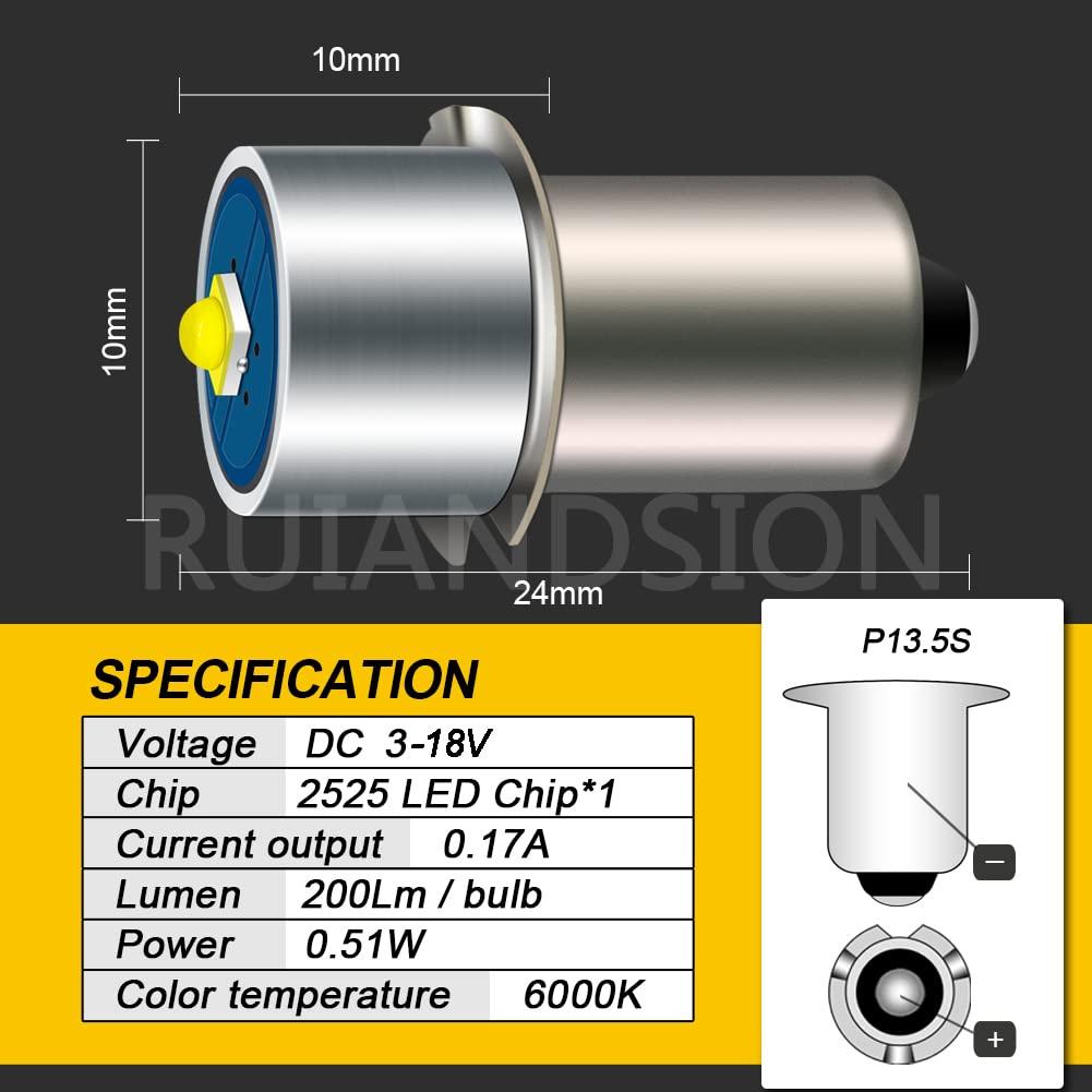 Ruiandsion Ruiandsion P13.5S LED Bulb 3-18V 3W 6000K White 2525 LED Bulb for Torchlight Flashlight Torch Light,Negative Earth (Pack of 2)