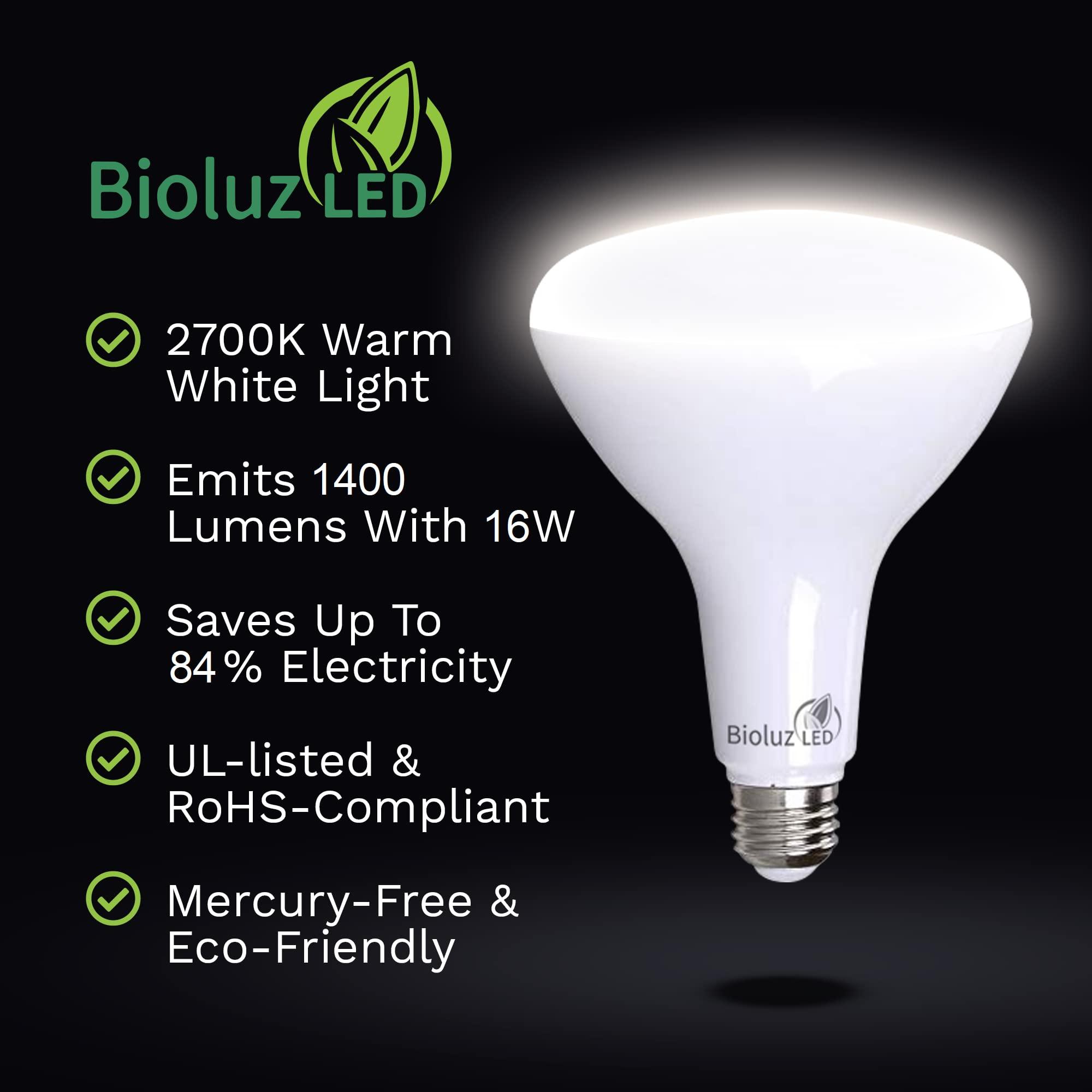 Bioluz LED Bioluz 4 Pack Brightest BR40 LED Light Bulb - 90 CRI Instant ON Warm White 2700K Light Bulbs 16W 1400 Lumen Indoor & Outdoor Lighting Smooth Dimmable Lightbulb UL Listed Title 20 Compliant