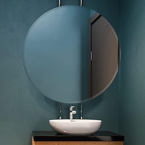 Fab Glass and Mirror Fab Glass and Mirror Frameless Round Safety Backing 1\" Beveled Edge Mounted with Hooks-Bathroom Wall Mirror, 36\" x 36\", Silver